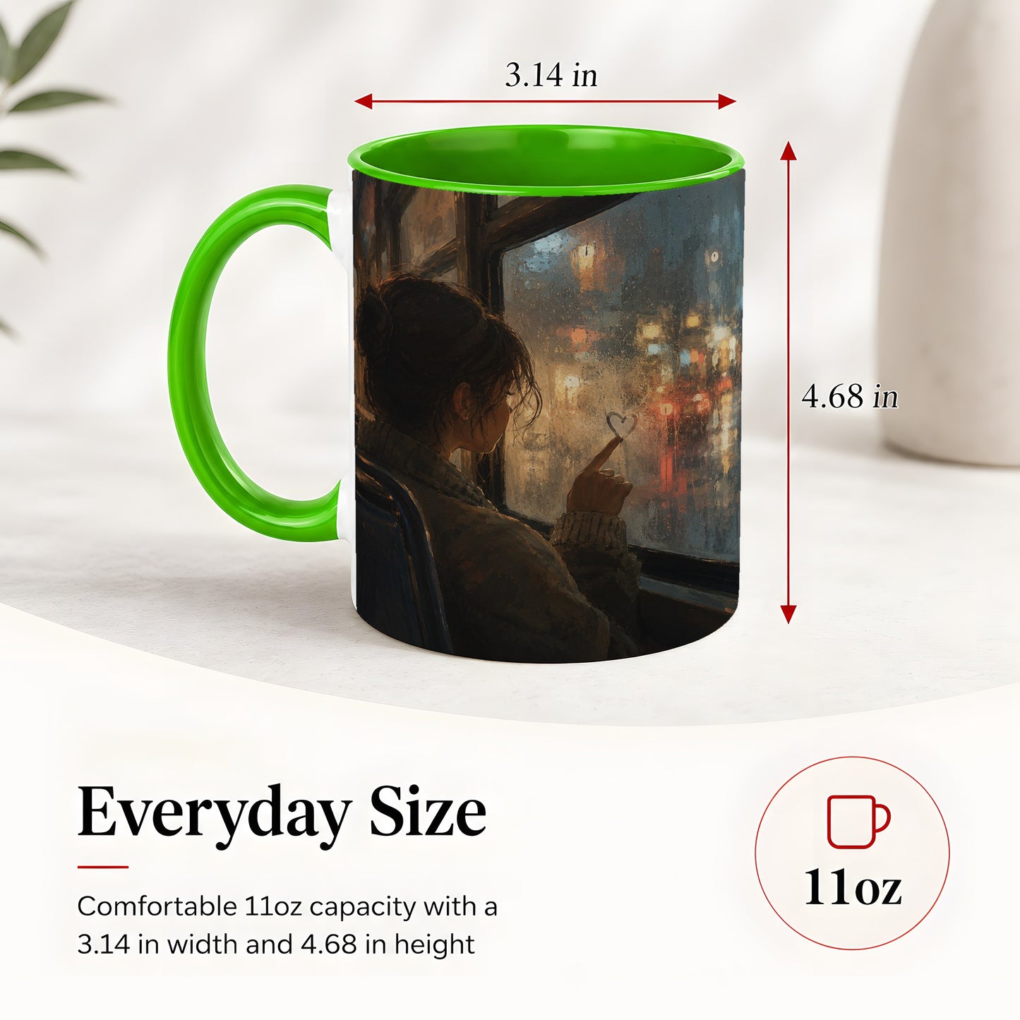 #pl[11oz|Green] Rainy Window Heart Ceramic Mug, Rainy Night City Art