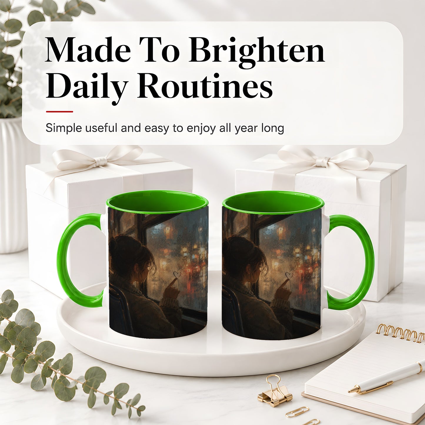 #pl[11oz|Green] Rainy Window Heart Ceramic Mug, Rainy Night City Art