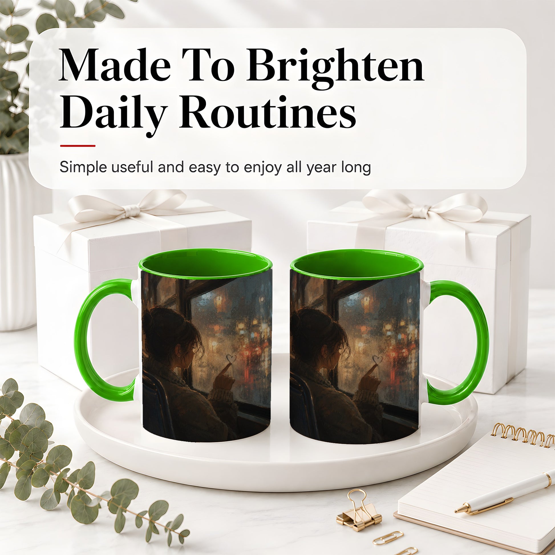 #pl[11oz|Green] Rainy Window Heart Ceramic Mug, Rainy Night City Art