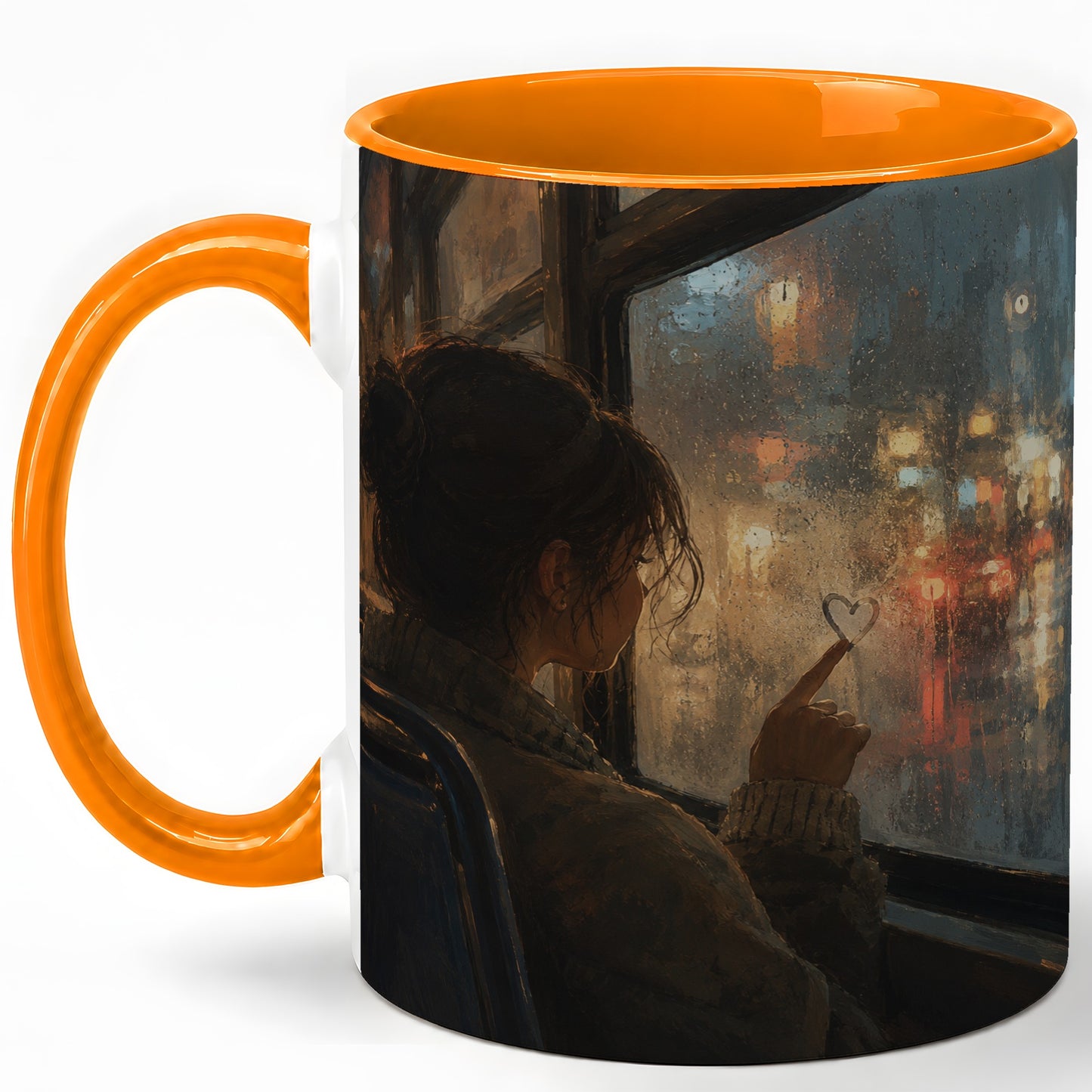 #pl[11oz|Orange] Rainy Window Heart Ceramic Mug, Rainy Night City Art