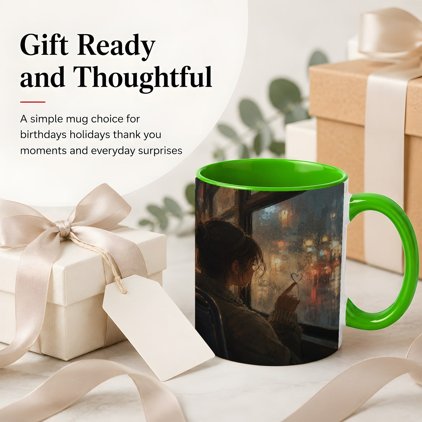 #pl[11oz|Green] Rainy Window Heart Ceramic Mug, Rainy Night City Art