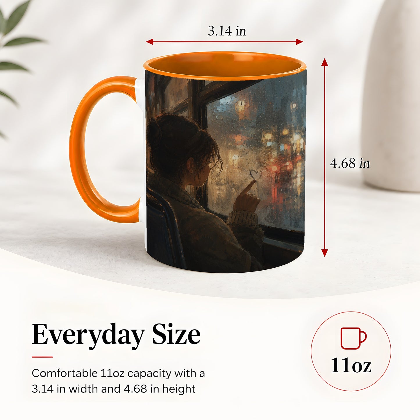 #pl[11oz|Orange] Rainy Window Heart Ceramic Mug, Rainy Night City Art