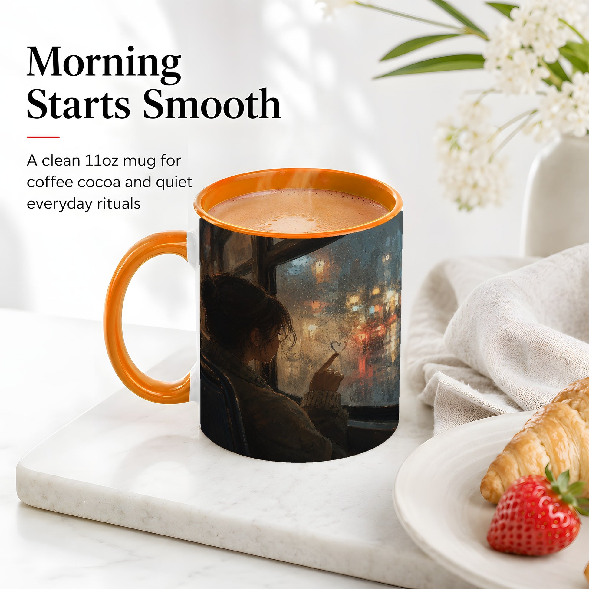 #pl[11oz|Orange] Rainy Window Heart Ceramic Mug, Rainy Night City Art