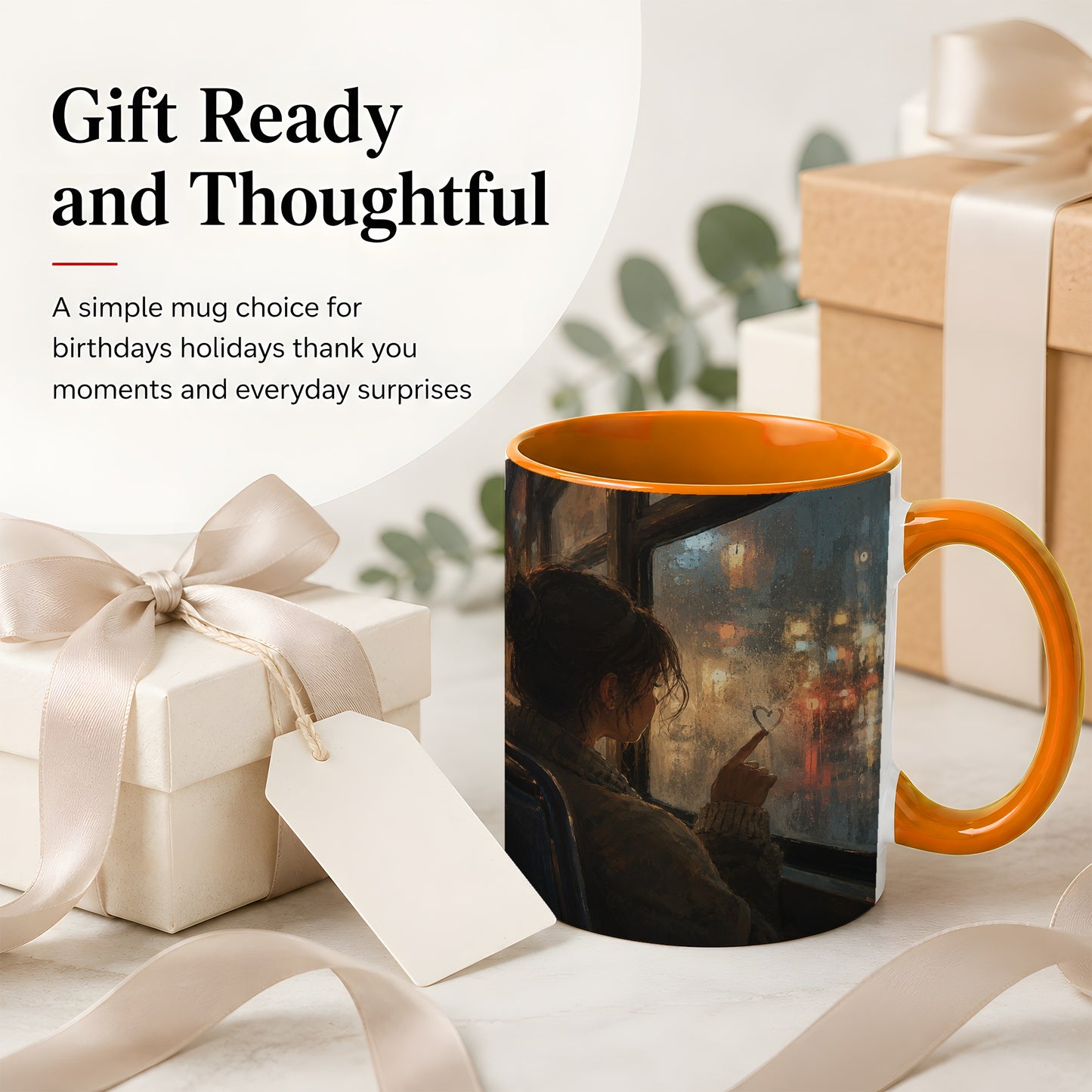 #pl[11oz|Orange] Rainy Window Heart Ceramic Mug, Rainy Night City Art