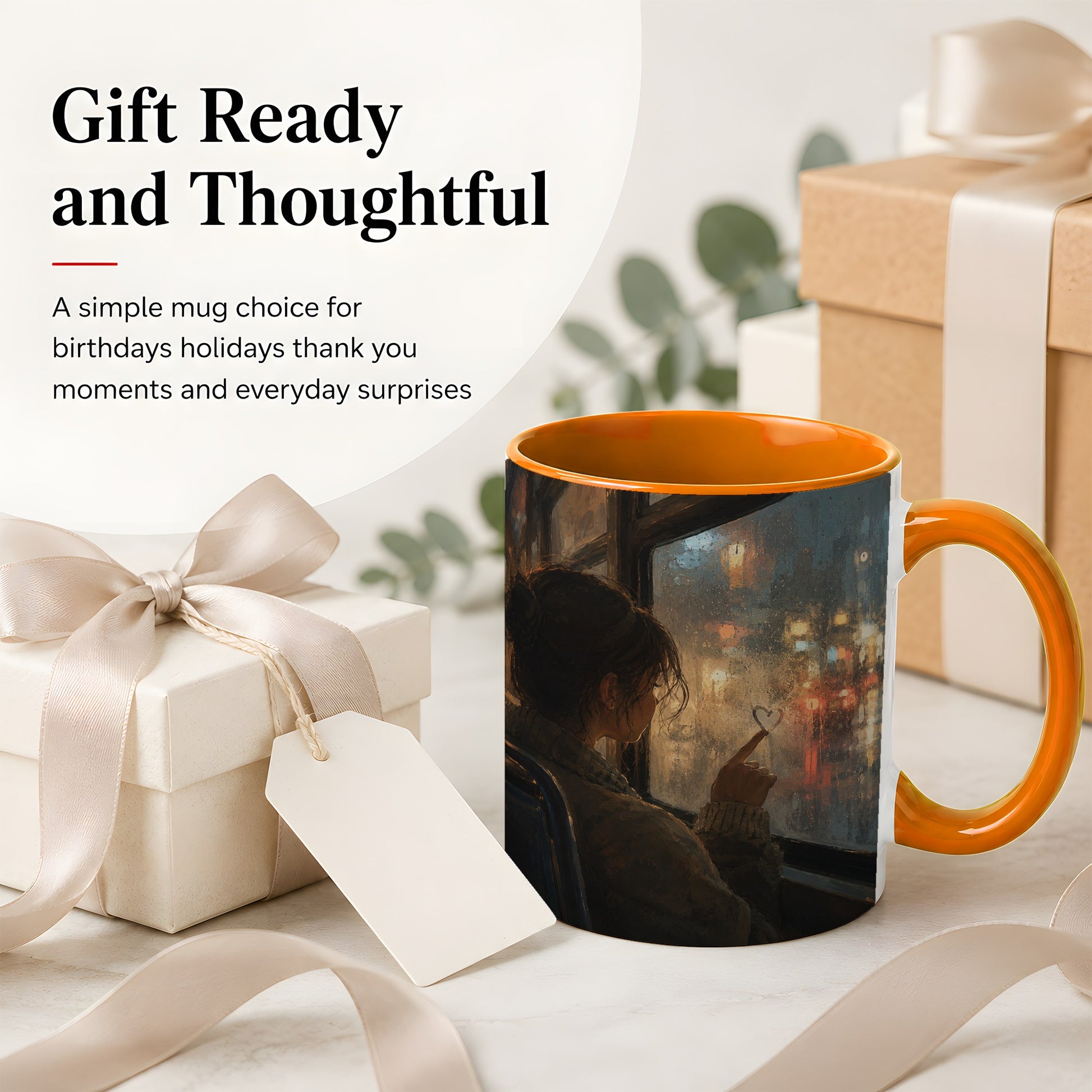 #pl[11oz|Orange] Rainy Window Heart Ceramic Mug, Rainy Night City Art