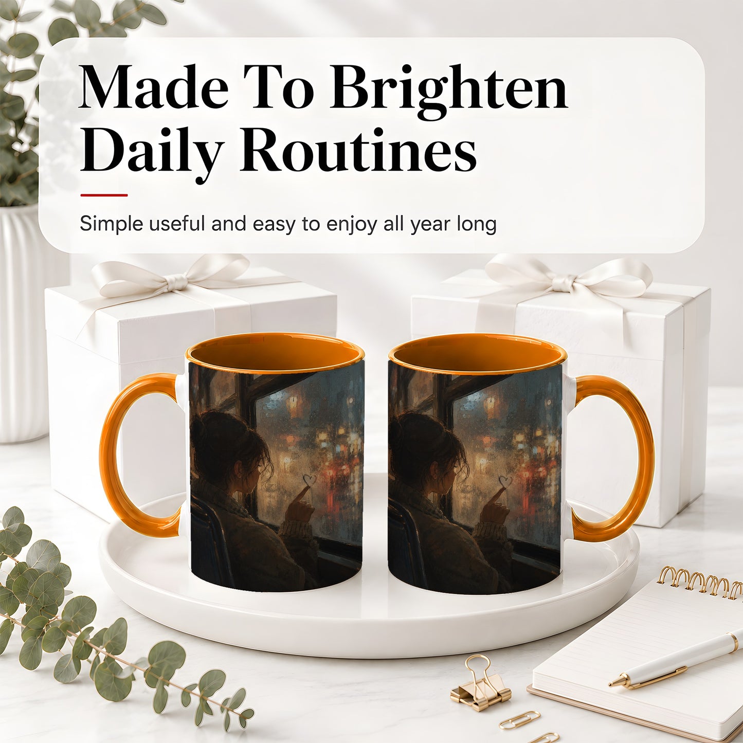 #pl[11oz|Orange] Rainy Window Heart Ceramic Mug, Rainy Night City Art