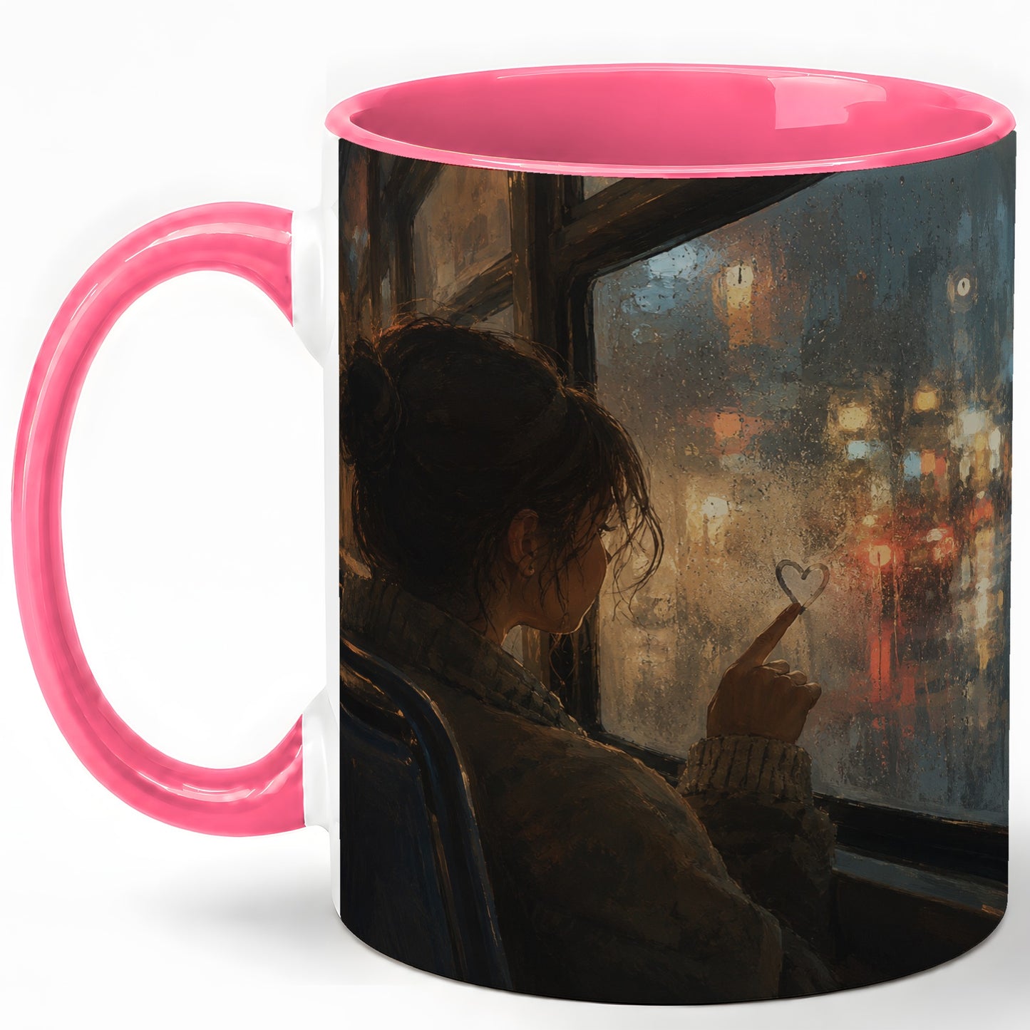 #pl[11oz|Pink] Rainy Window Heart Ceramic Mug, Rainy Night City Art