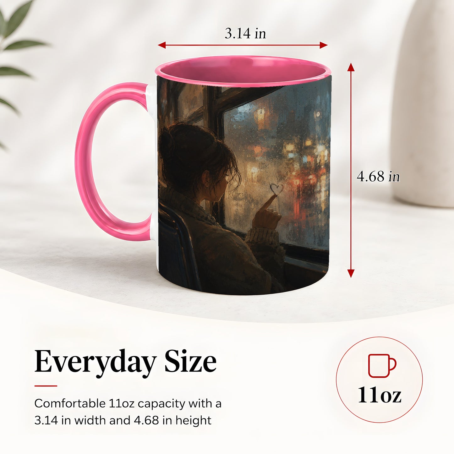 #pl[11oz|Pink] Rainy Window Heart Ceramic Mug, Rainy Night City Art