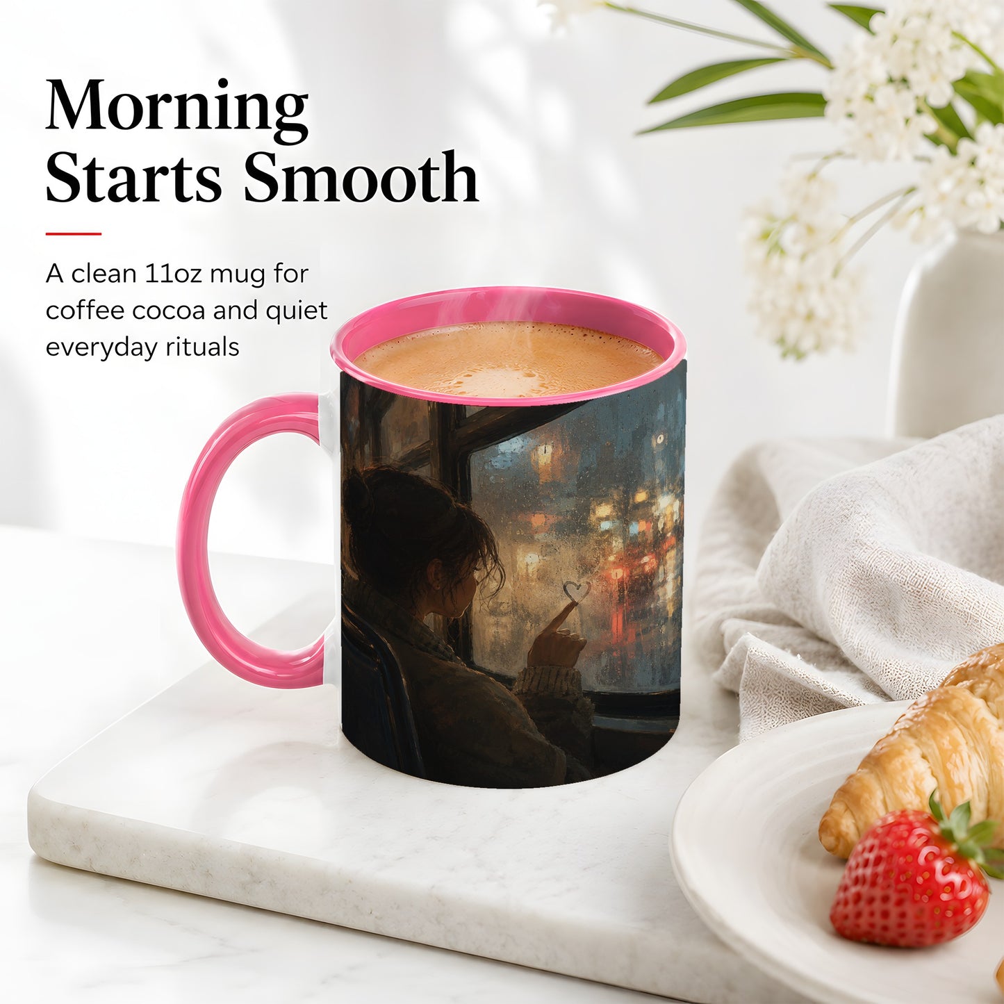 #pl[11oz|Pink] Rainy Window Heart Ceramic Mug, Rainy Night City Art