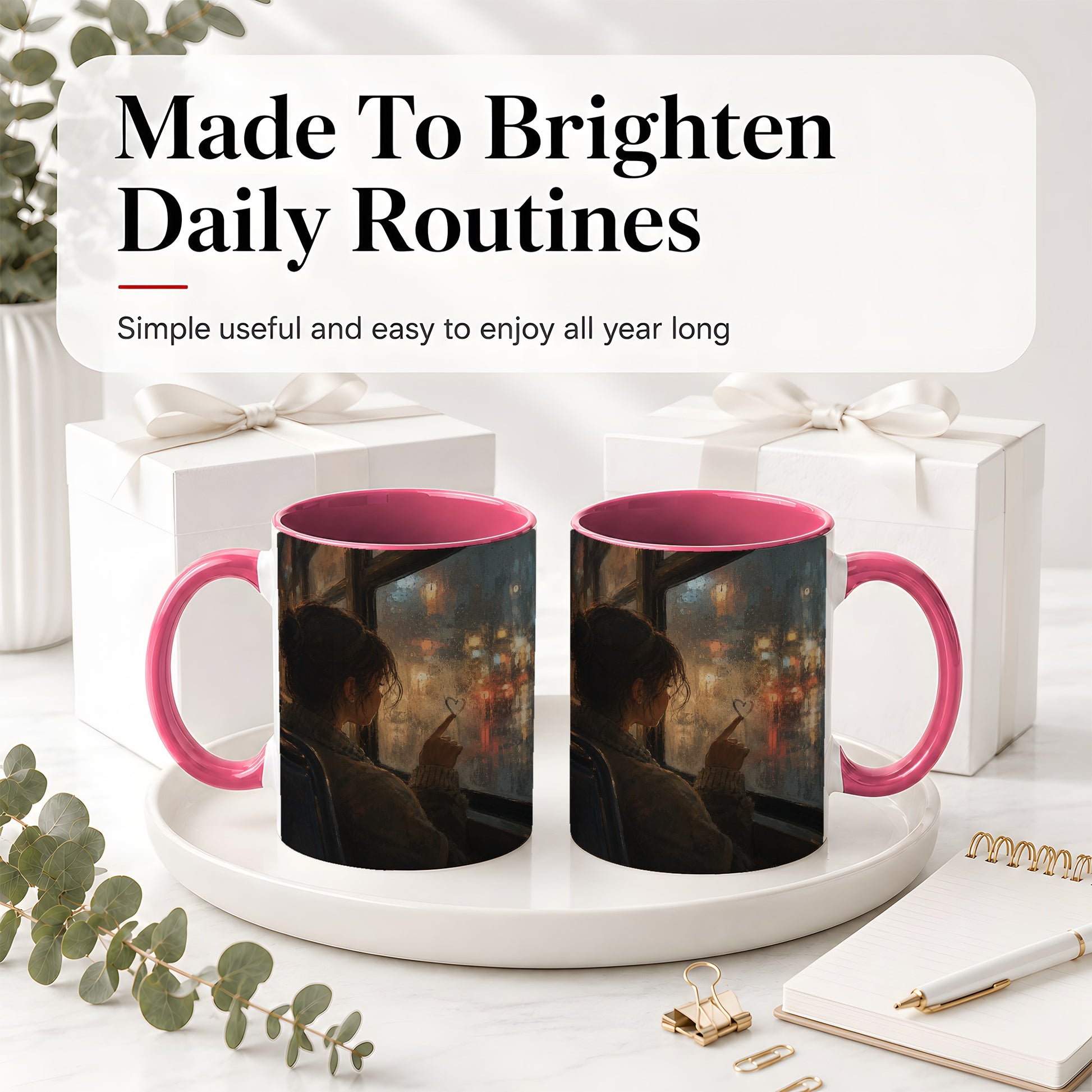 #pl[11oz|Pink] Rainy Window Heart Ceramic Mug, Rainy Night City Art