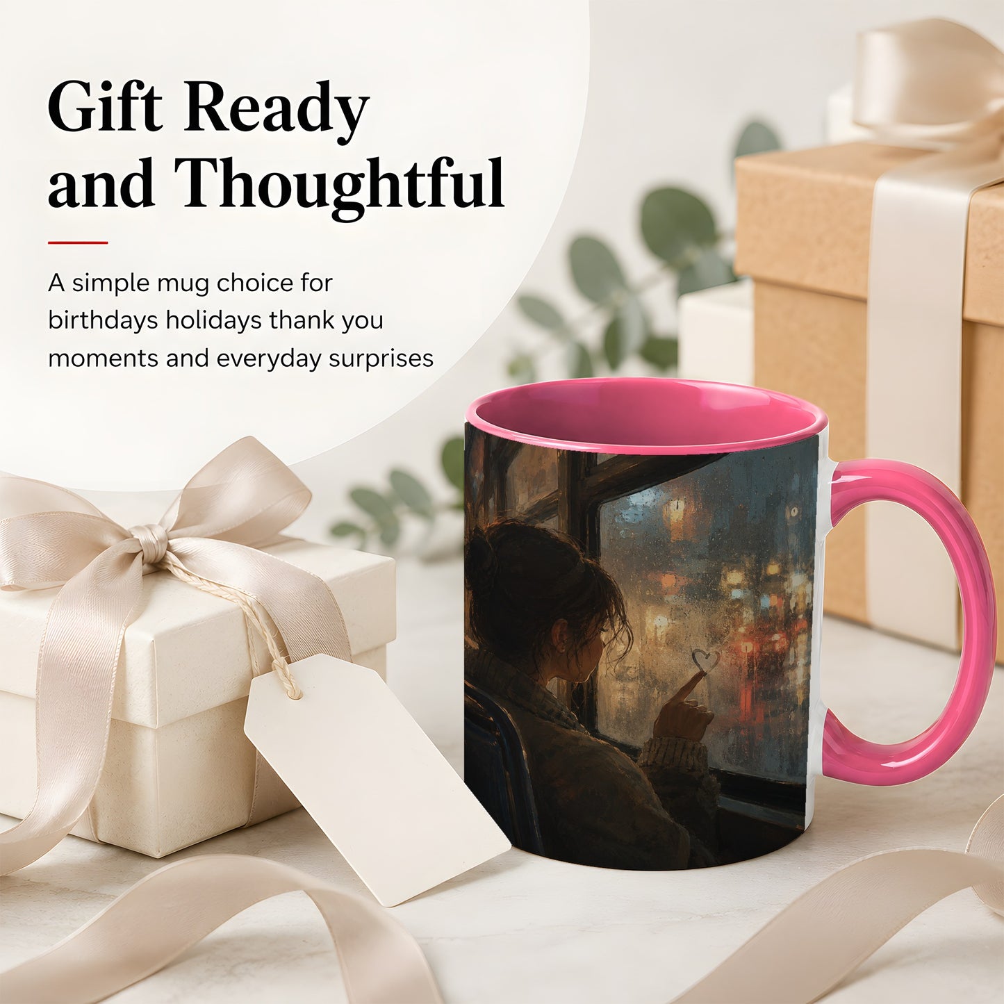 #pl[11oz|Pink] Rainy Window Heart Ceramic Mug, Rainy Night City Art