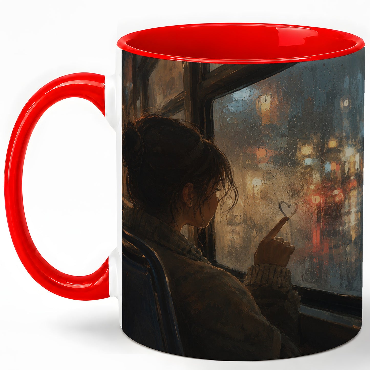 Rainy Window Heart Ceramic Mug, Rainy Night City Art