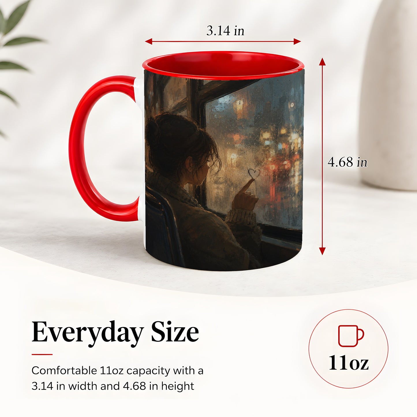 #pl[11oz|Red] Rainy Window Heart Ceramic Mug, Rainy Night City Art
