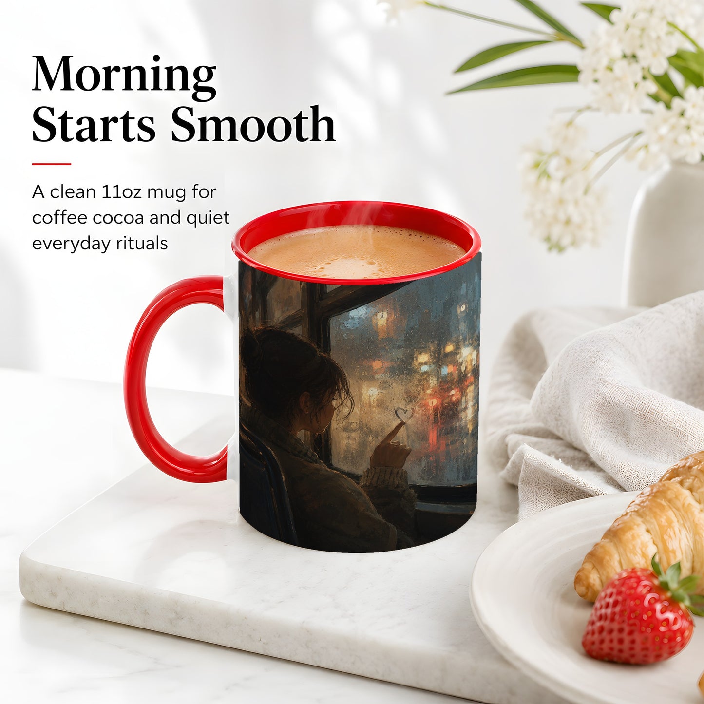 #pl[11oz|Red] Rainy Window Heart Ceramic Mug, Rainy Night City Art
