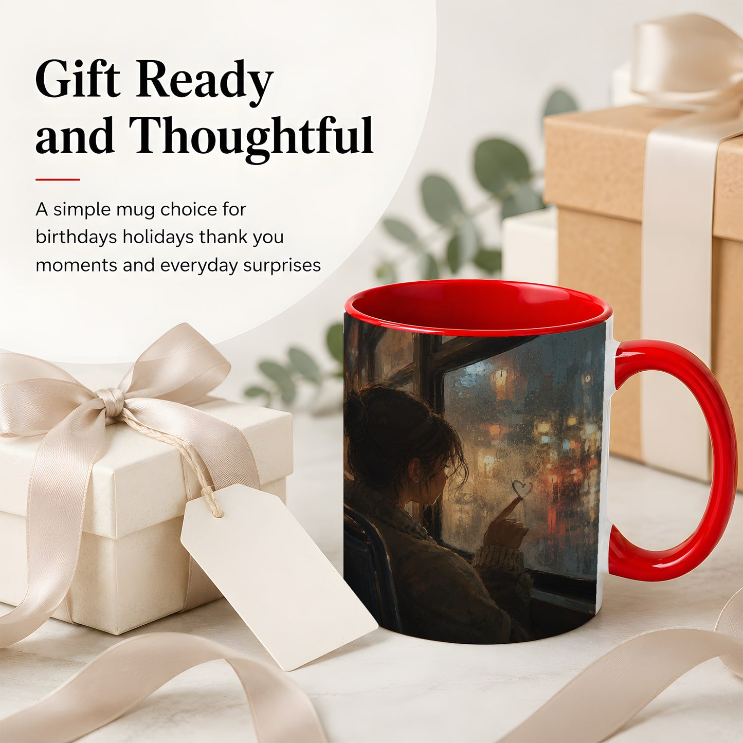 #pl[11oz|Red] Rainy Window Heart Ceramic Mug, Rainy Night City Art
