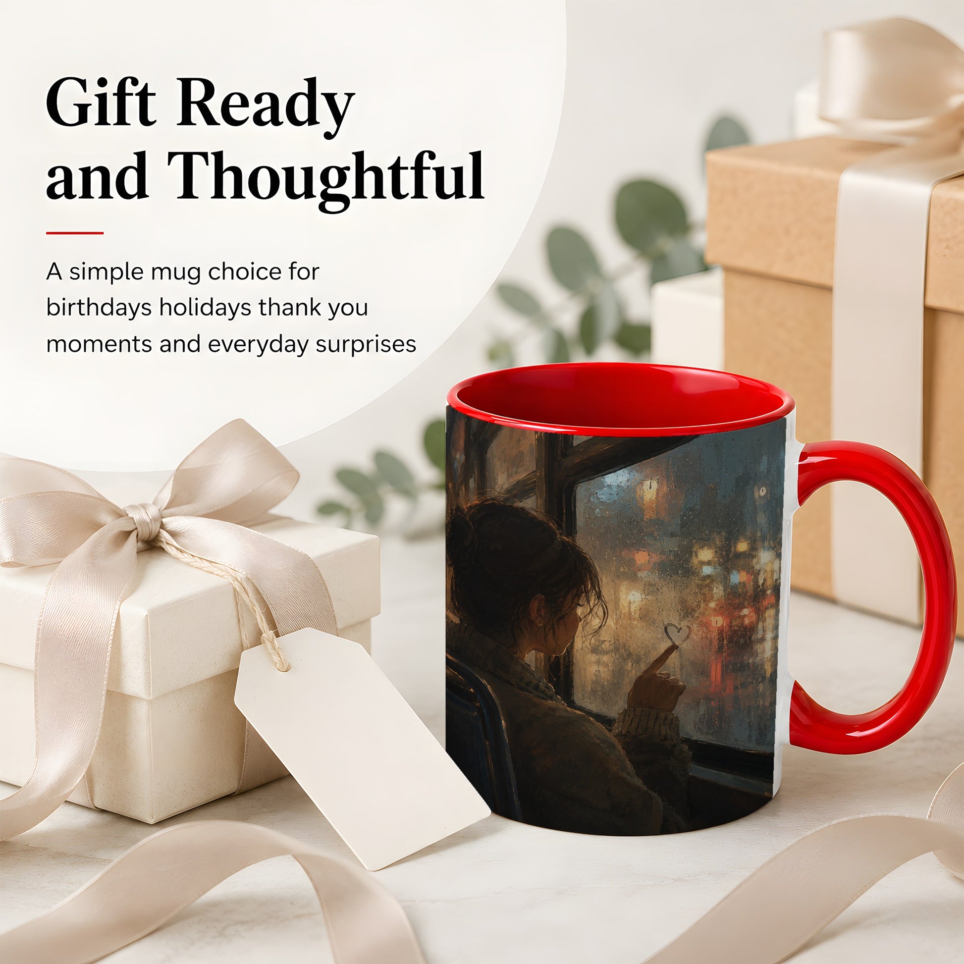 #pl[11oz|Red] Rainy Window Heart Ceramic Mug, Rainy Night City Art