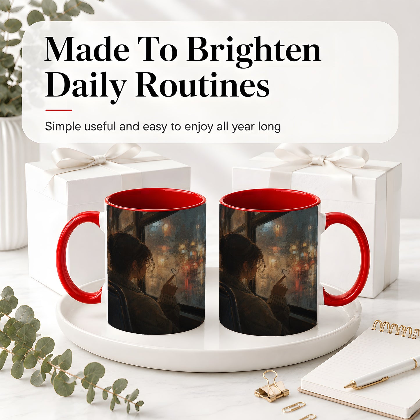 #pl[11oz|Red] Rainy Window Heart Ceramic Mug, Rainy Night City Art
