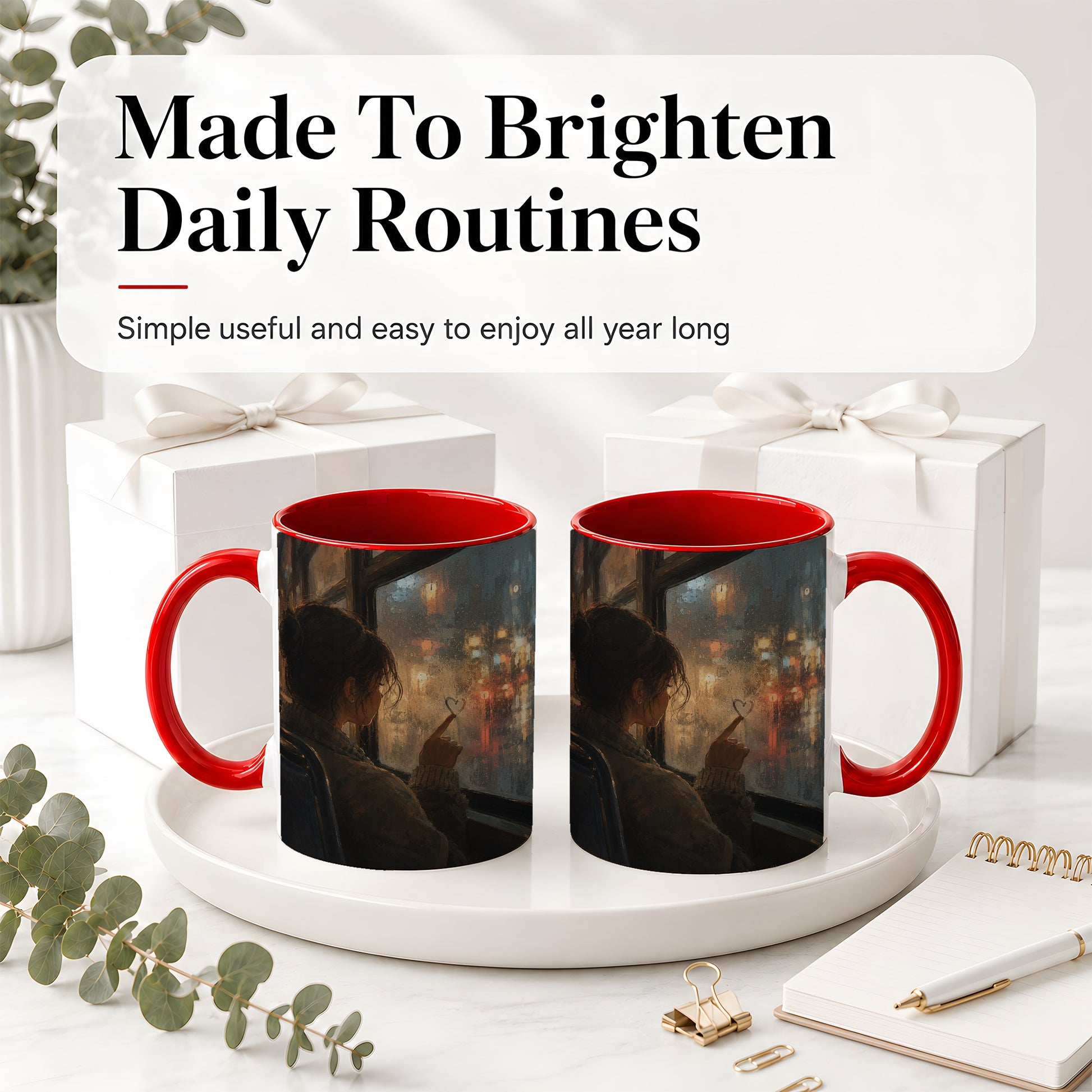 #pl[11oz|Red] Rainy Window Heart Ceramic Mug, Rainy Night City Art