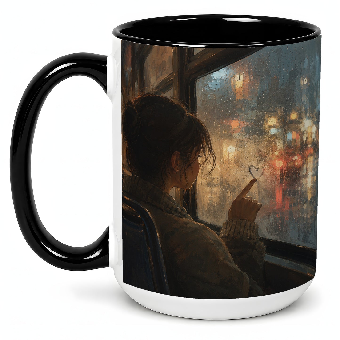 #pl[15oz|Black] Rainy Window Heart Ceramic Mug, Rainy Night City Art