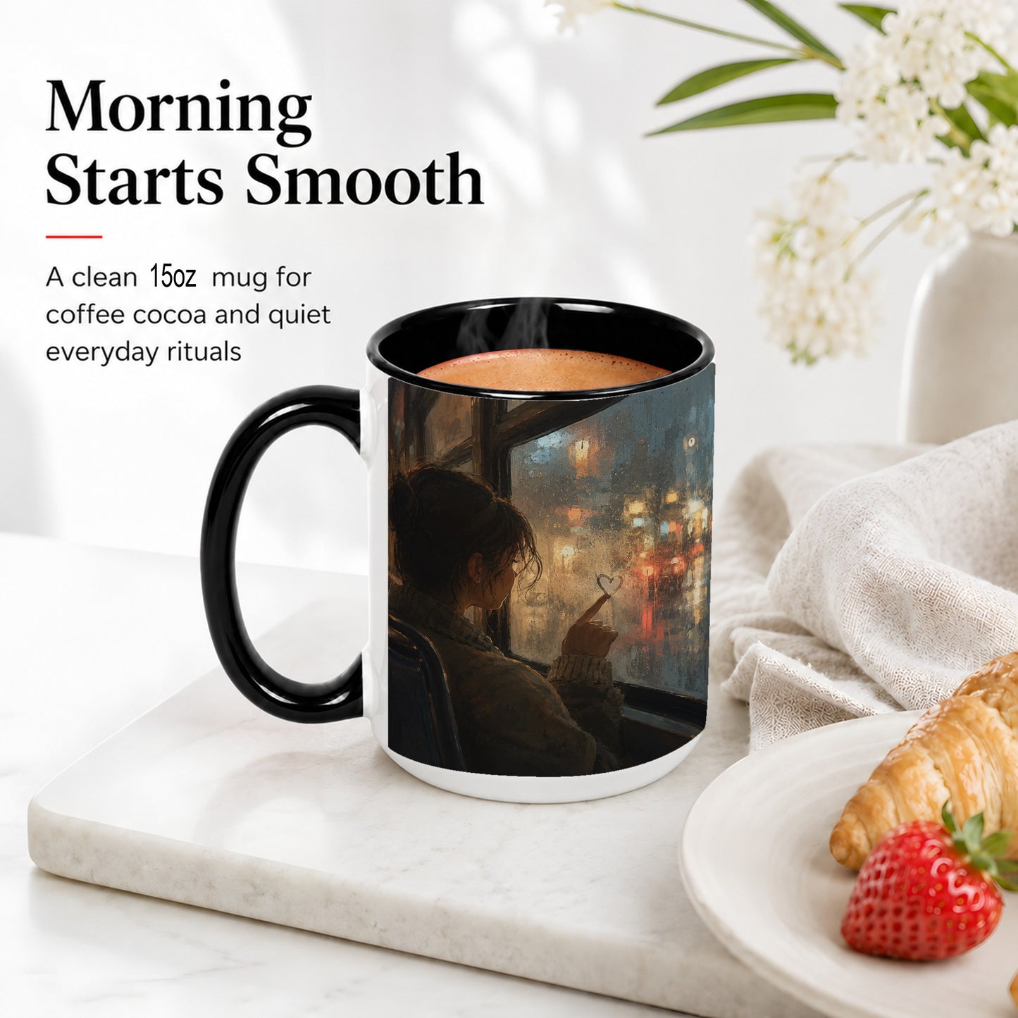 #pl[15oz|Black] Rainy Window Heart Ceramic Mug, Rainy Night City Art