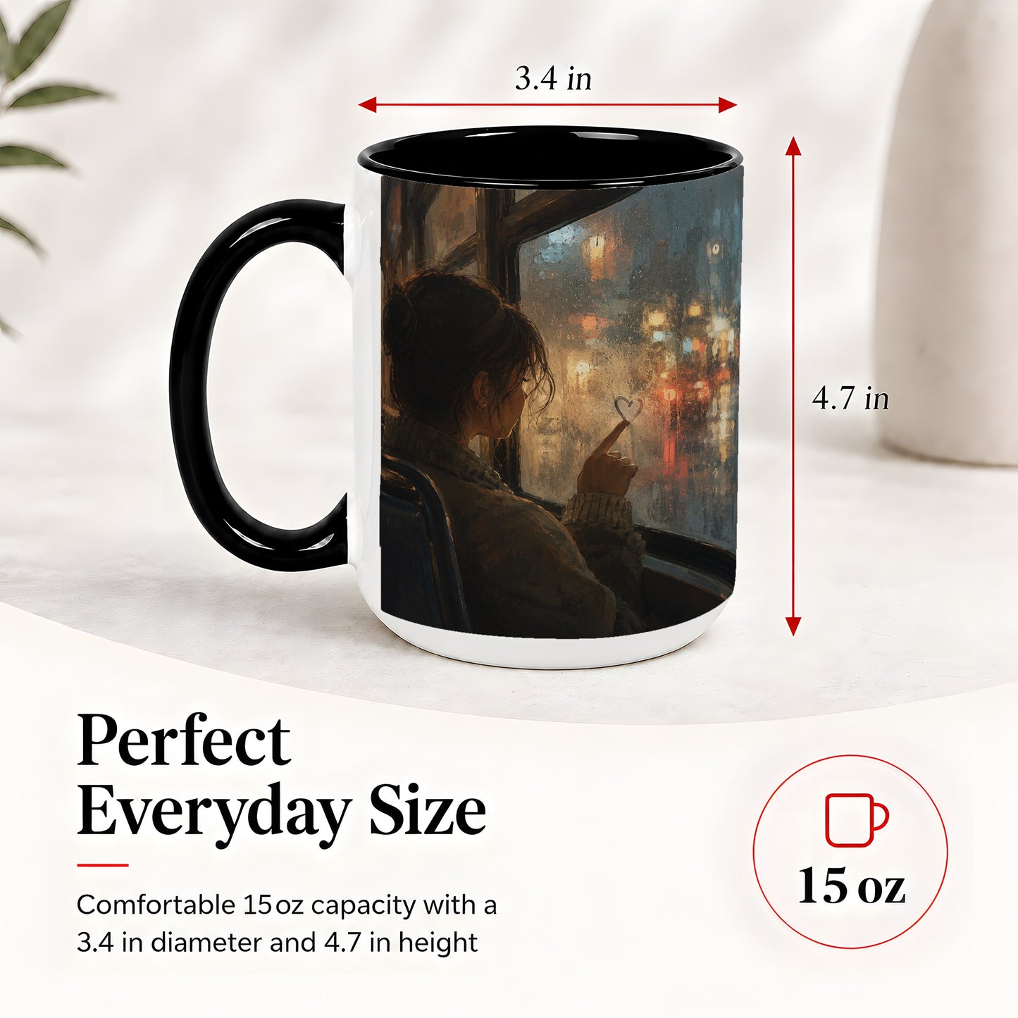 #pl[15oz|Black] Rainy Window Heart Ceramic Mug, Rainy Night City Art