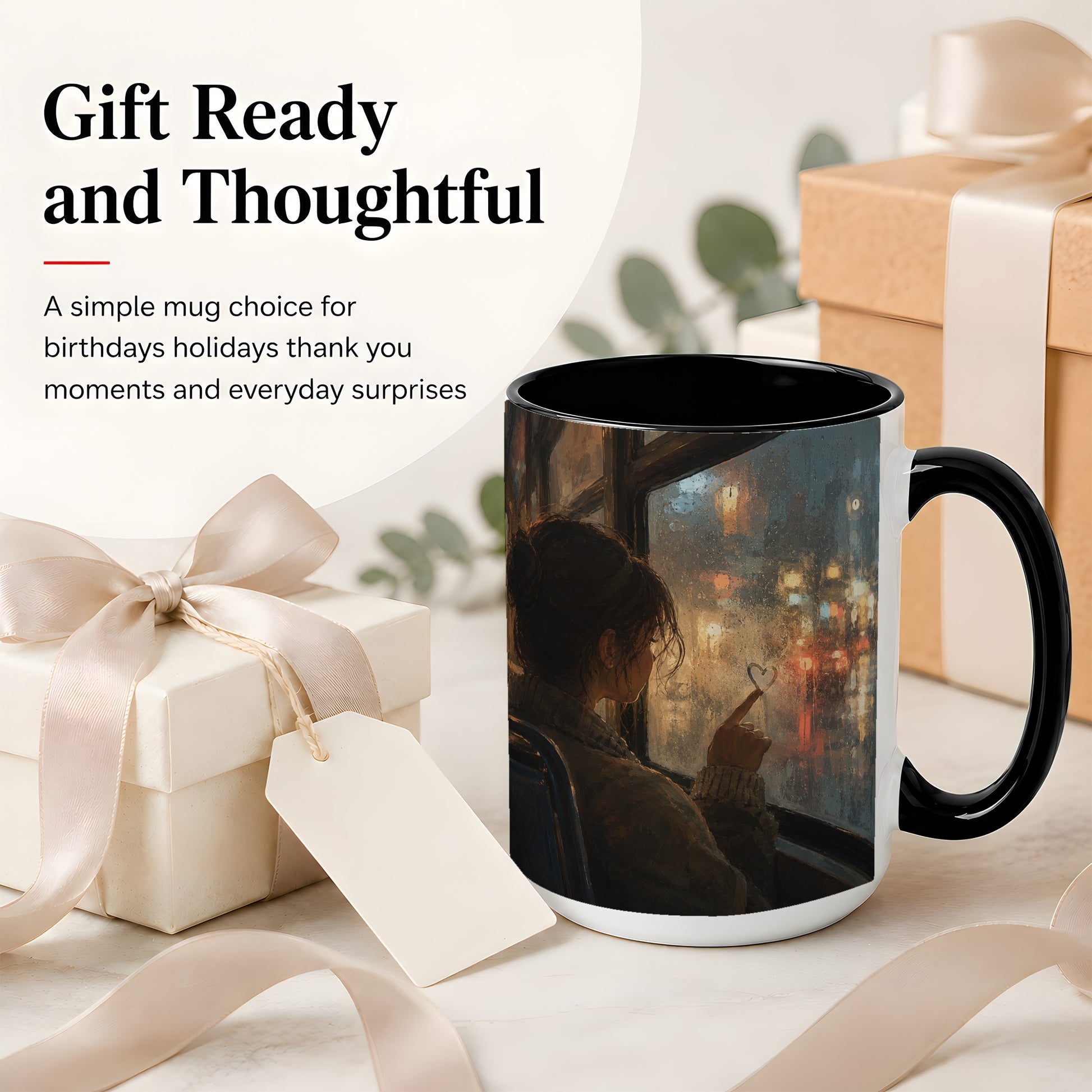 #pl[15oz|Black] Rainy Window Heart Ceramic Mug, Rainy Night City Art