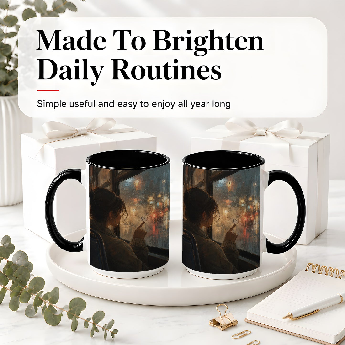 #pl[15oz|Black] Rainy Window Heart Ceramic Mug, Rainy Night City Art