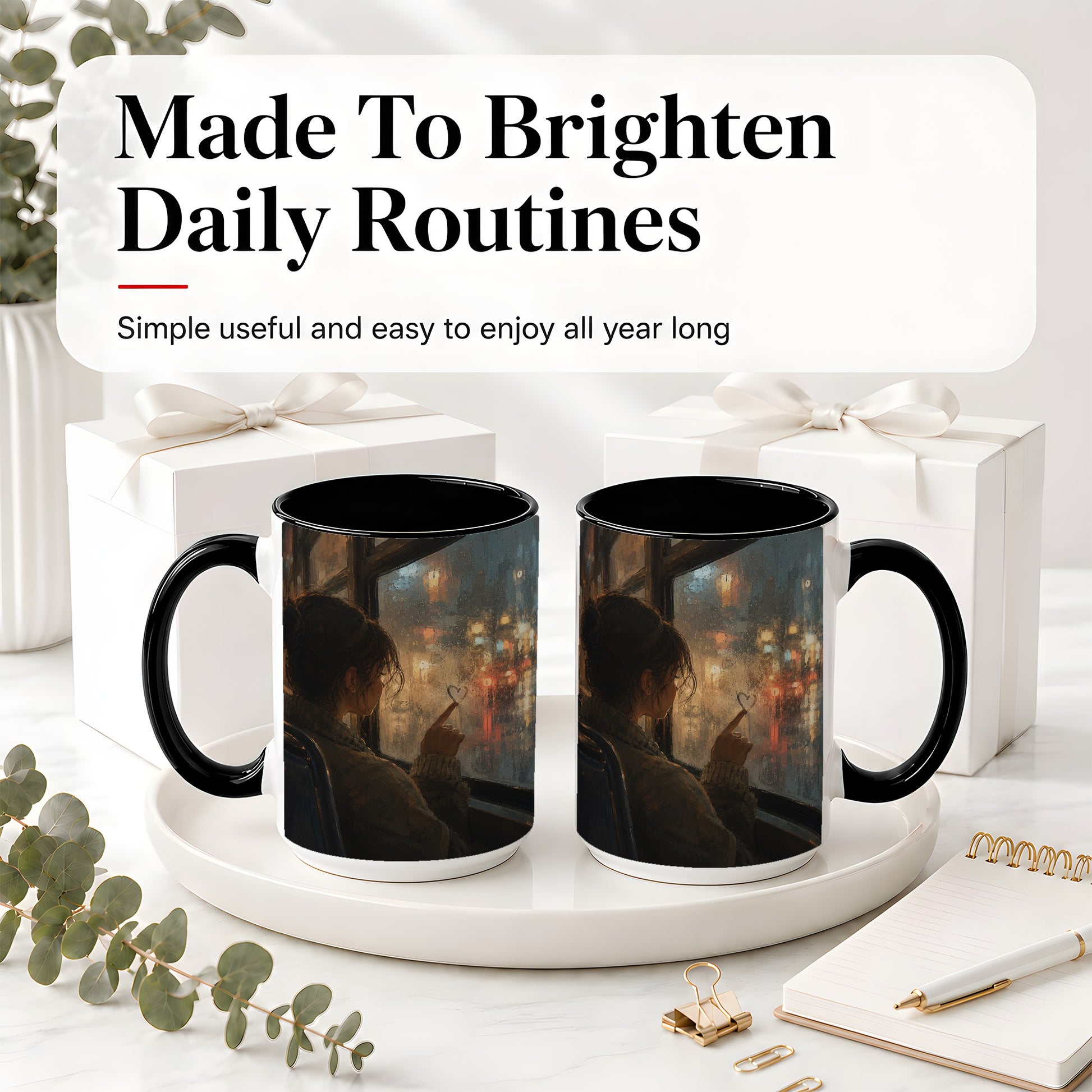 #pl[15oz|Black] Rainy Window Heart Ceramic Mug, Rainy Night City Art
