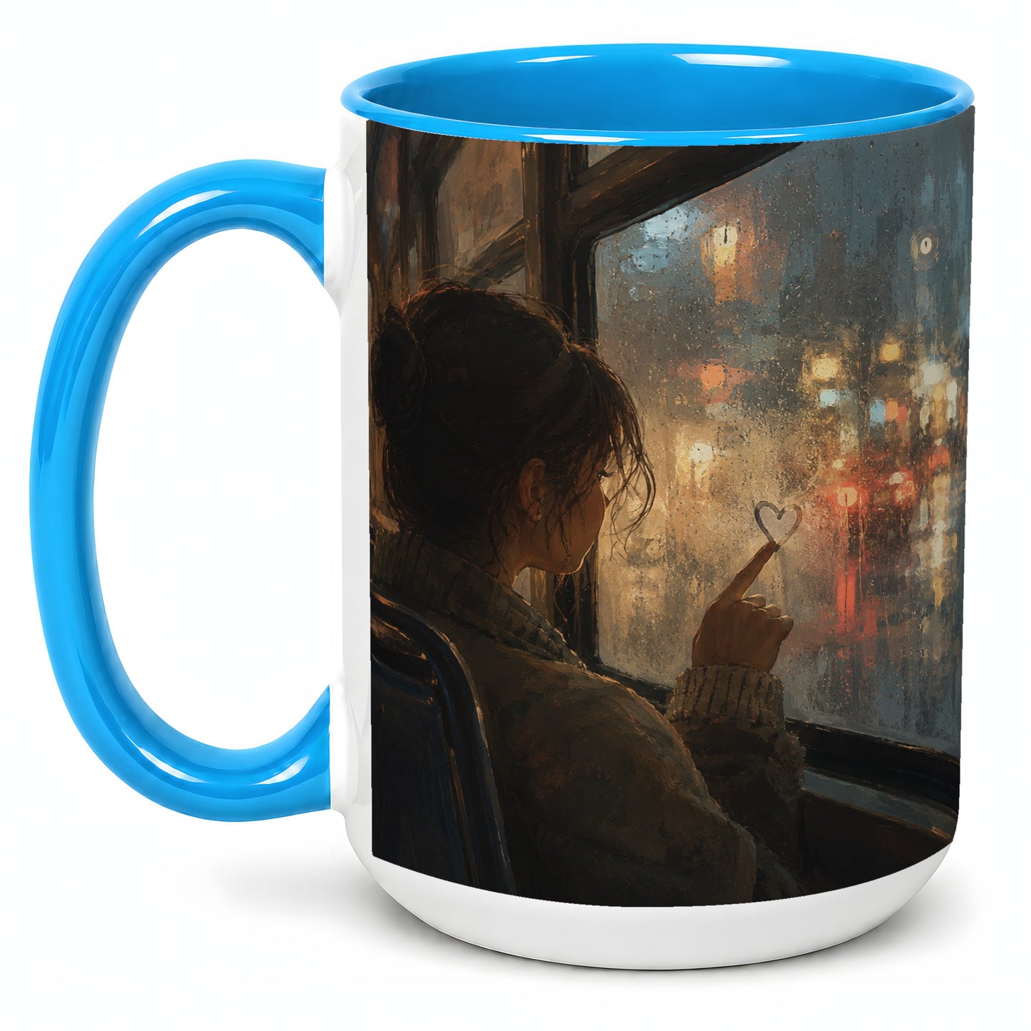 #pl[15oz|Blue] Rainy Window Heart Ceramic Mug, Rainy Night City Art
