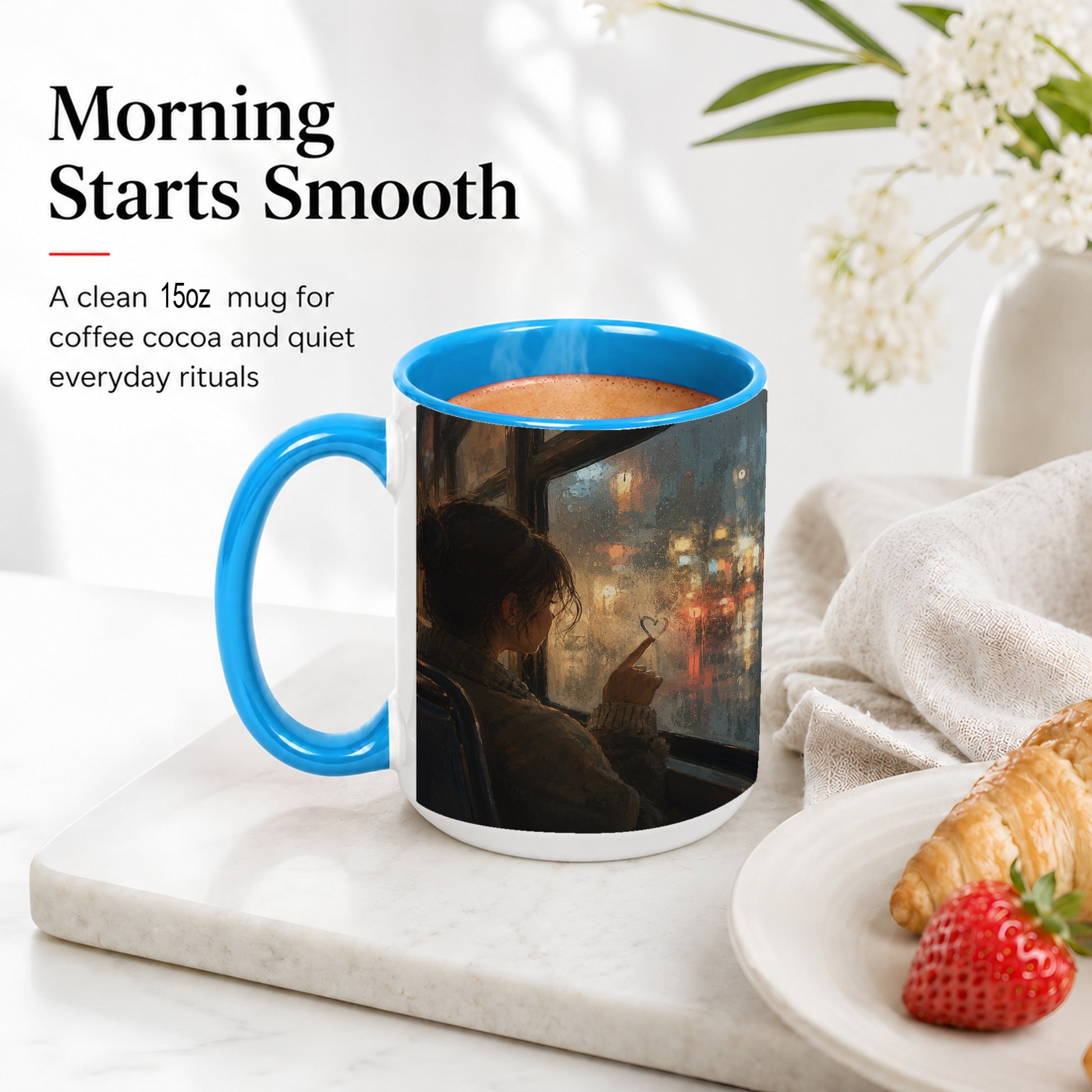 #pl[15oz|Blue] Rainy Window Heart Ceramic Mug, Rainy Night City Art