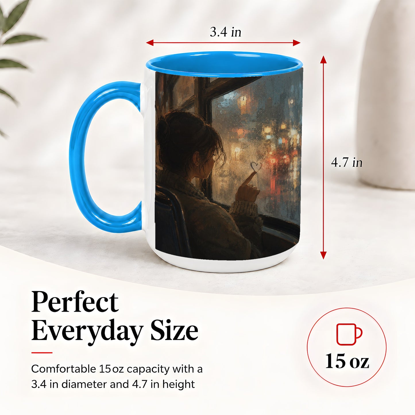 #pl[15oz|Blue] Rainy Window Heart Ceramic Mug, Rainy Night City Art