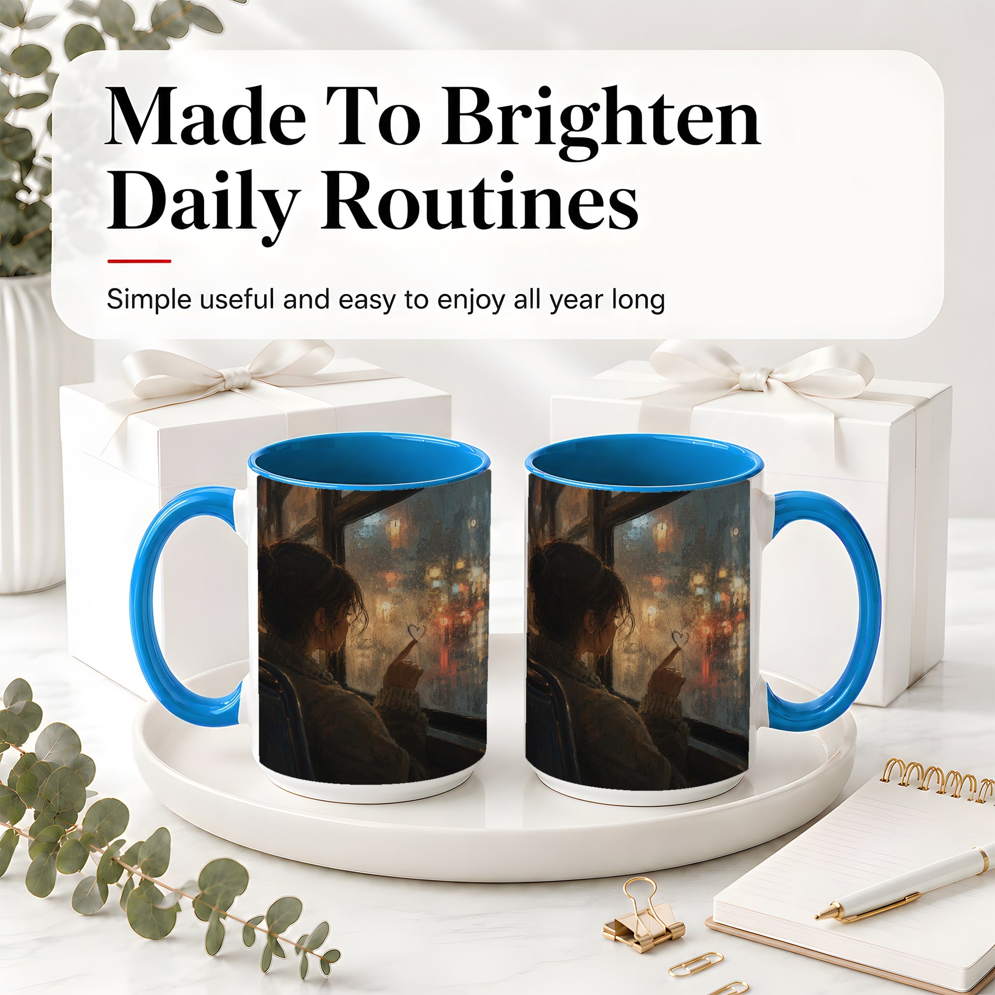 #pl[15oz|Blue] Rainy Window Heart Ceramic Mug, Rainy Night City Art