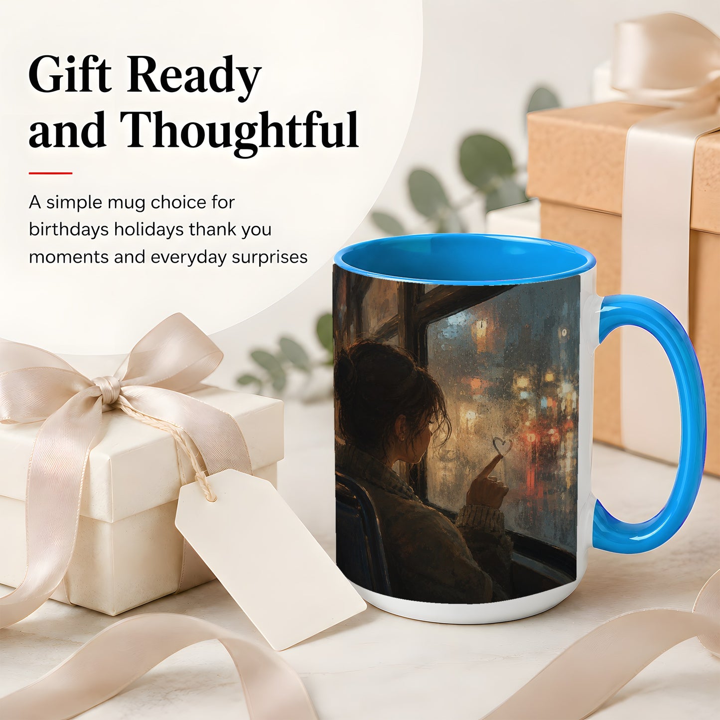 #pl[15oz|Blue] Rainy Window Heart Ceramic Mug, Rainy Night City Art