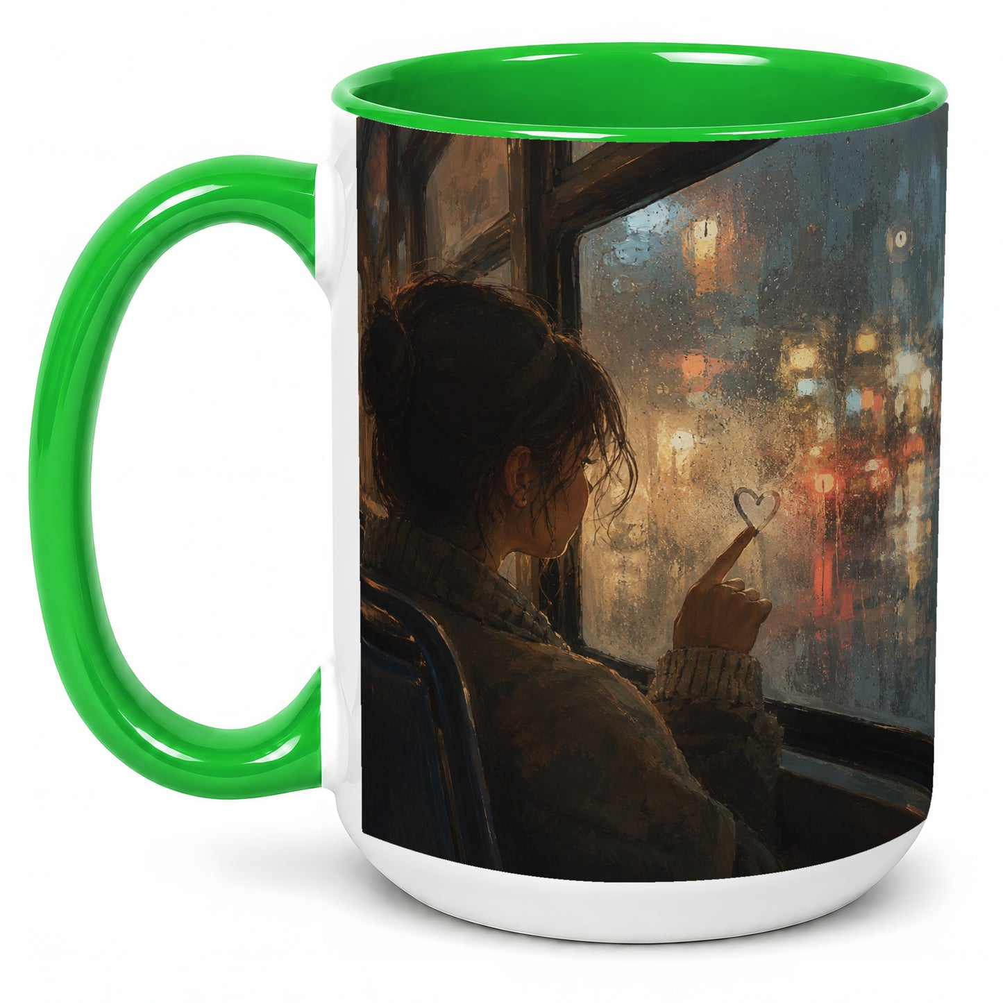 #pl[15oz|Green] Rainy Window Heart Ceramic Mug, Rainy Night City Art