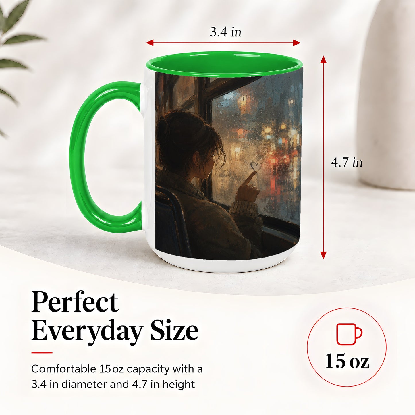 #pl[15oz|Green] Rainy Window Heart Ceramic Mug, Rainy Night City Art