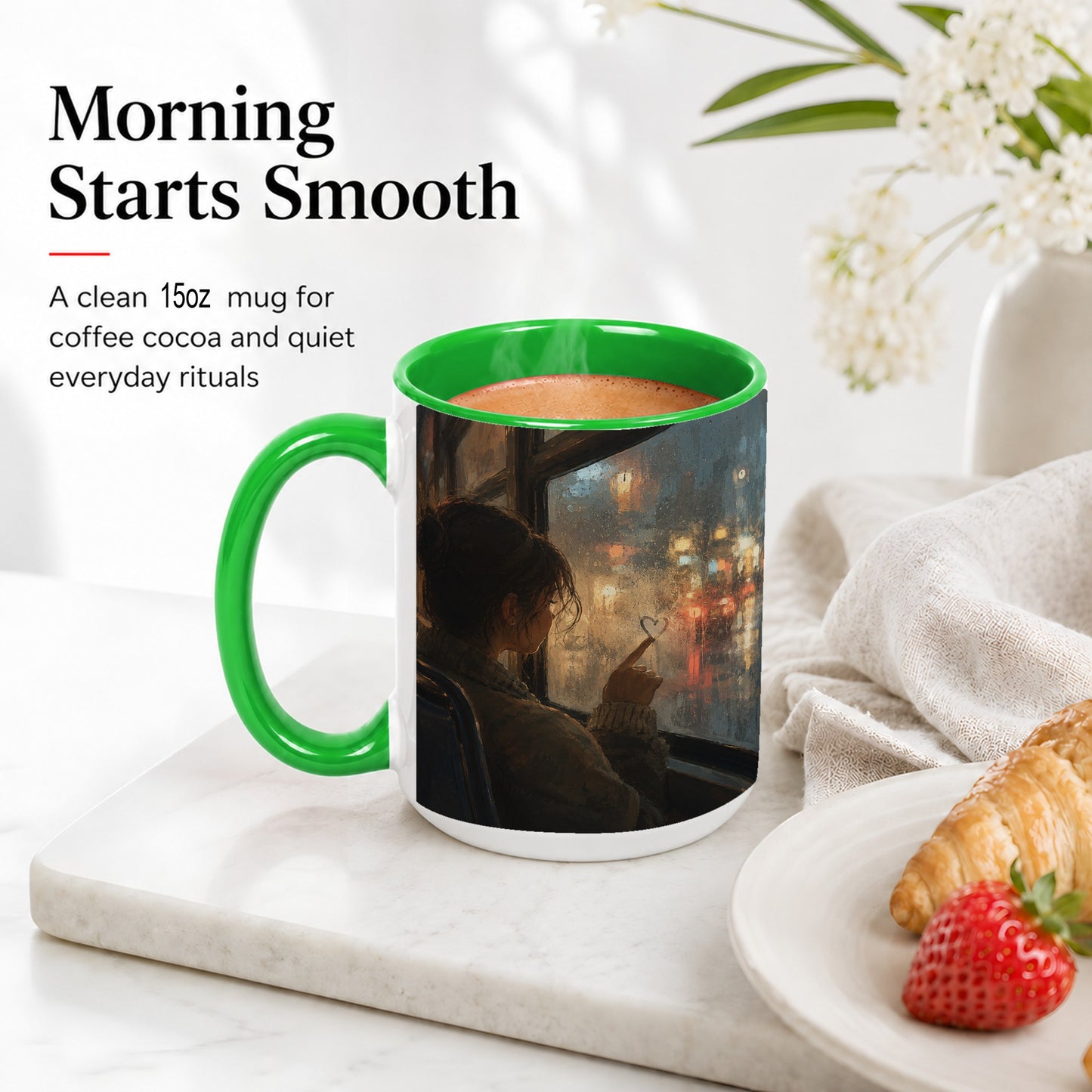 #pl[15oz|Green] Rainy Window Heart Ceramic Mug, Rainy Night City Art