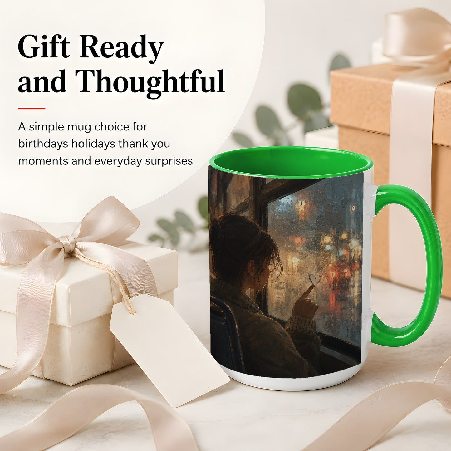 #pl[15oz|Green] Rainy Window Heart Ceramic Mug, Rainy Night City Art