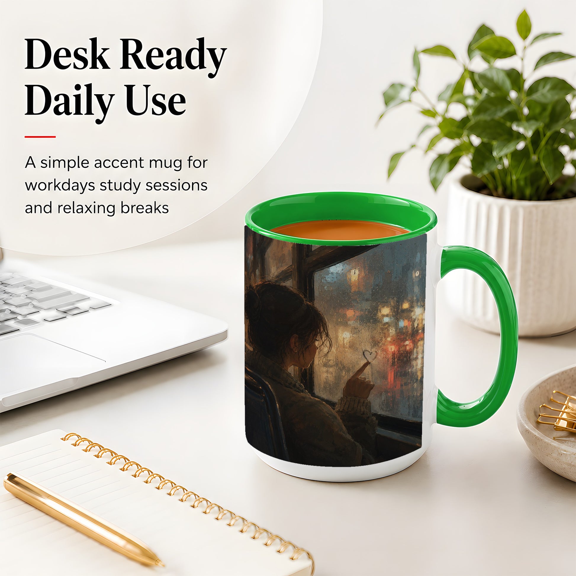 #pl[15oz|Green] Rainy Window Heart Ceramic Mug, Rainy Night City Art