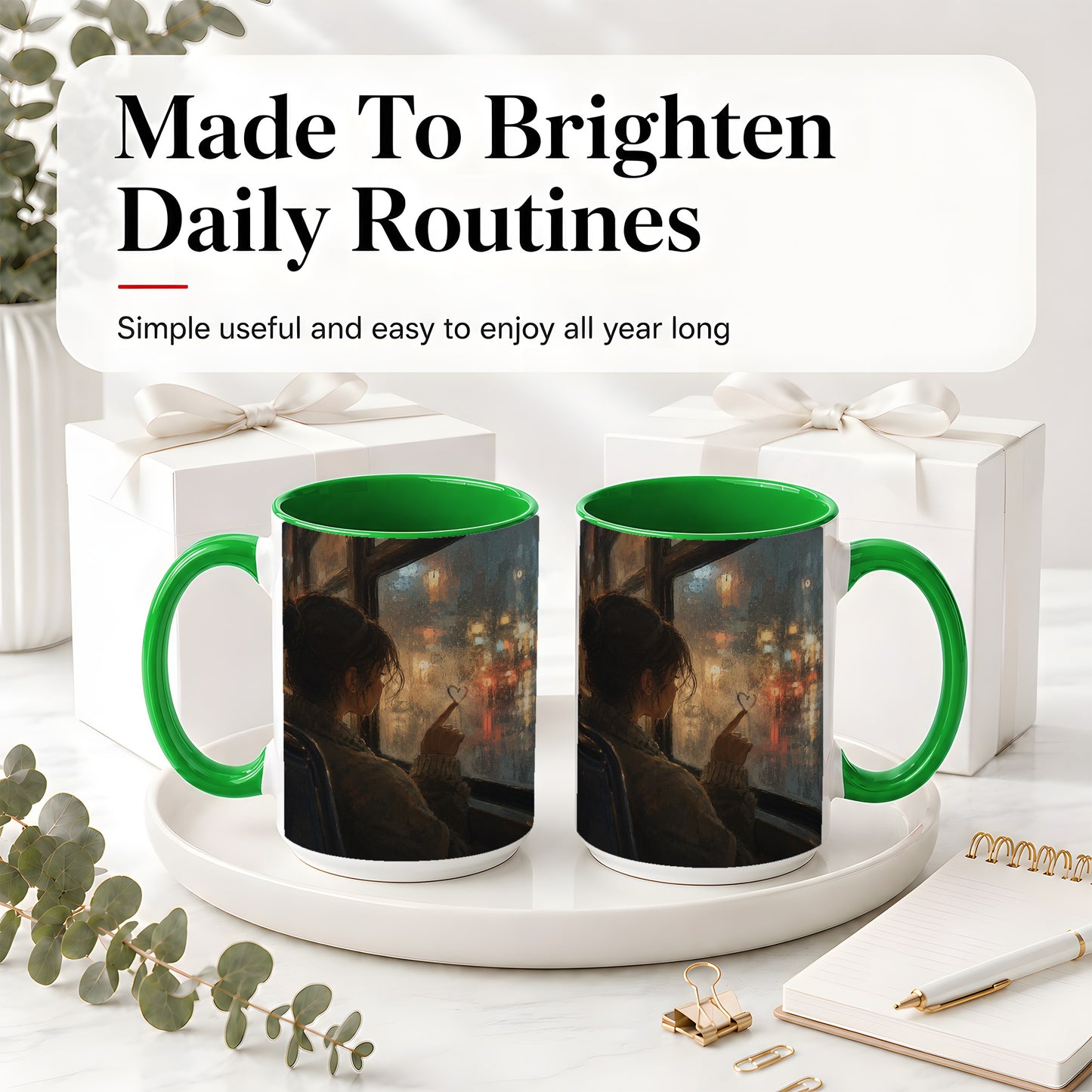 #pl[15oz|Green] Rainy Window Heart Ceramic Mug, Rainy Night City Art