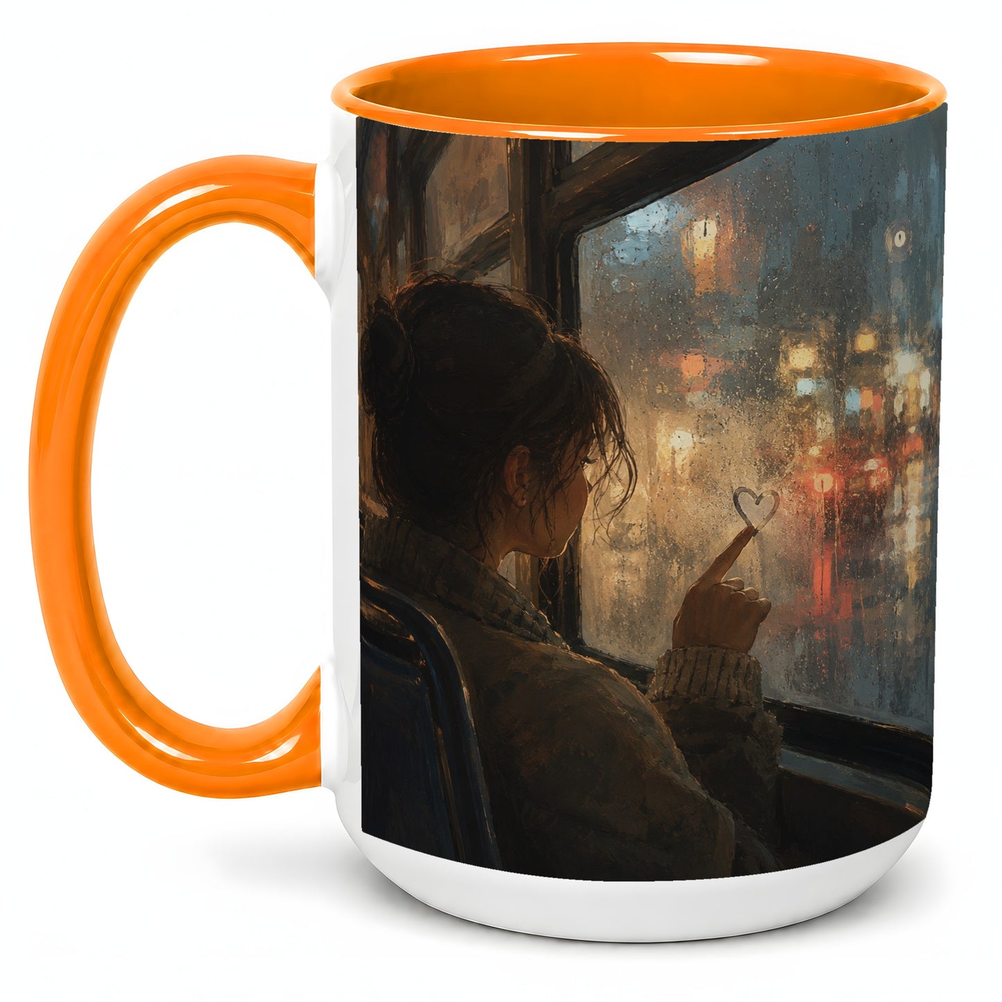 #pl[15oz|Orange] Rainy Window Heart Ceramic Mug, Rainy Night City Art