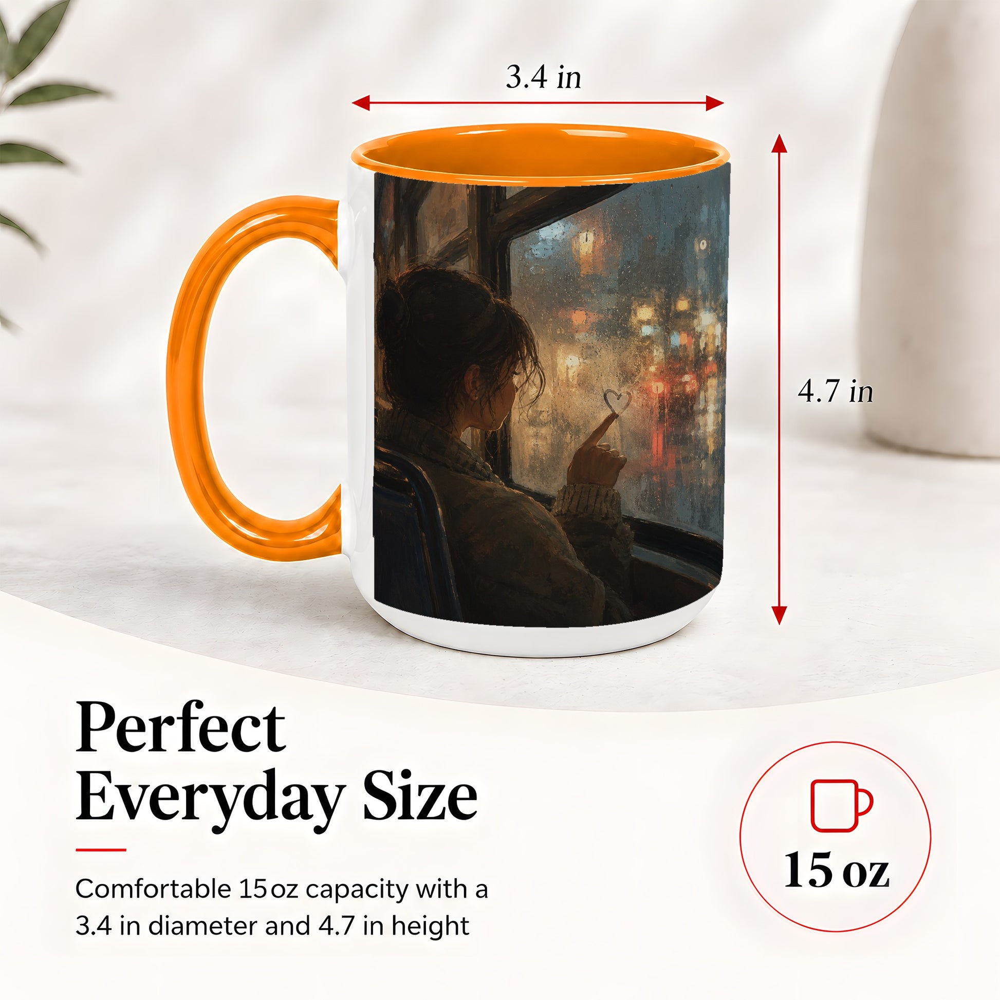 #pl[15oz|Orange] Rainy Window Heart Ceramic Mug, Rainy Night City Art