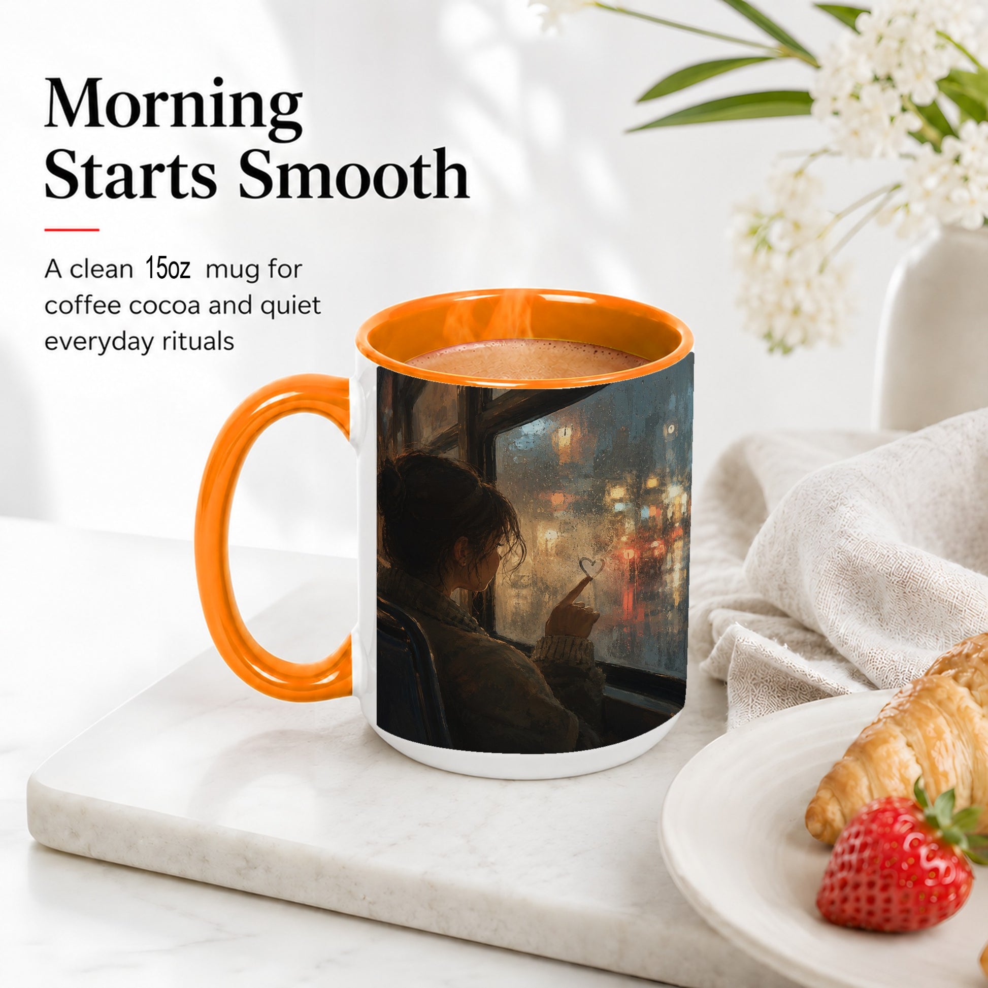 #pl[15oz|Orange] Rainy Window Heart Ceramic Mug, Rainy Night City Art