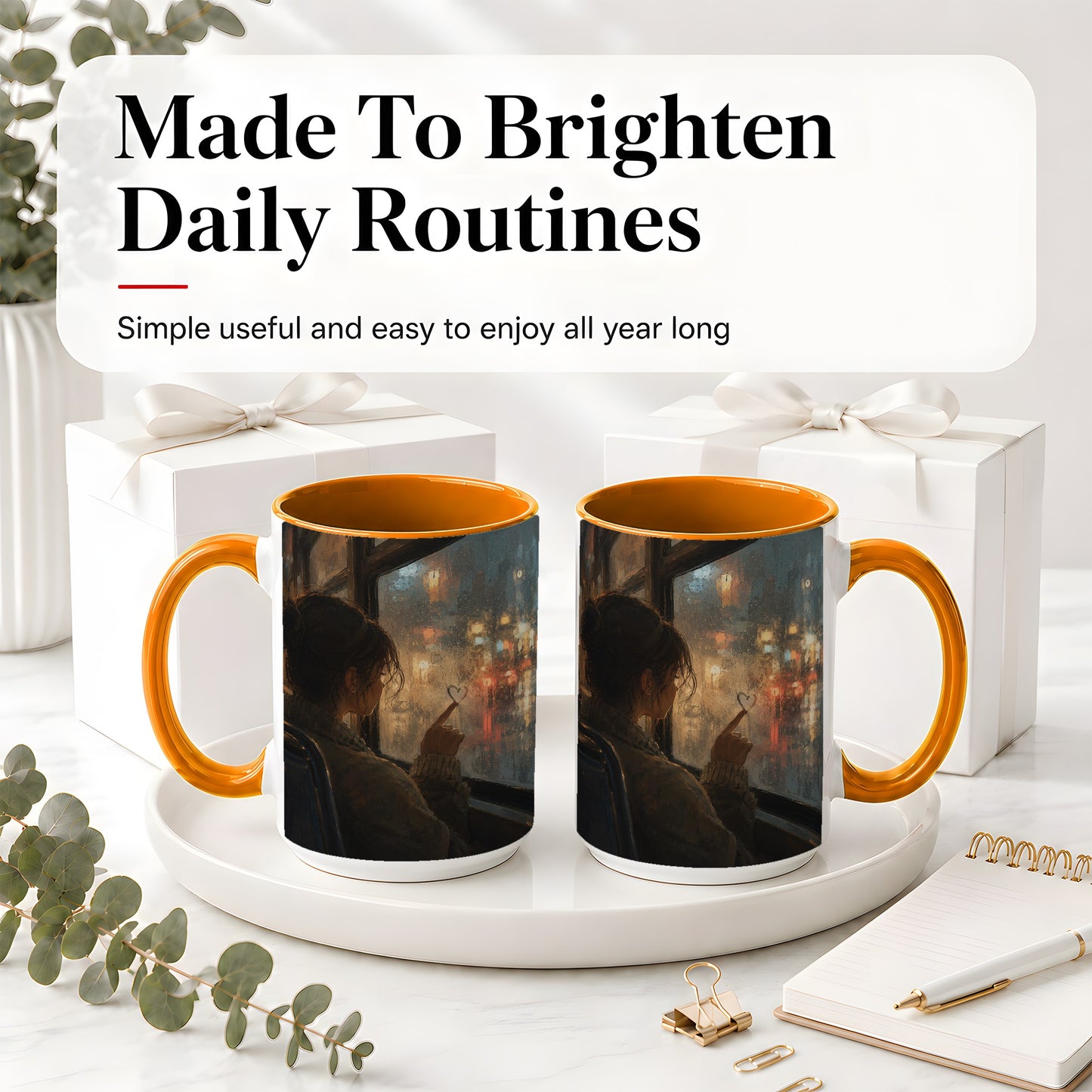#pl[15oz|Orange] Rainy Window Heart Ceramic Mug, Rainy Night City Art