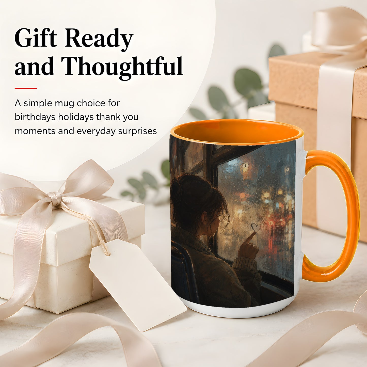 #pl[15oz|Orange] Rainy Window Heart Ceramic Mug, Rainy Night City Art