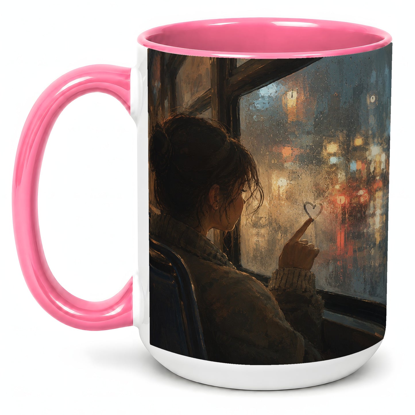 #pl[15oz|Pink] Rainy Window Heart Ceramic Mug, Rainy Night City Art