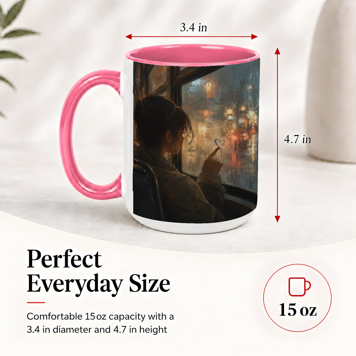 #pl[15oz|Pink] Rainy Window Heart Ceramic Mug, Rainy Night City Art