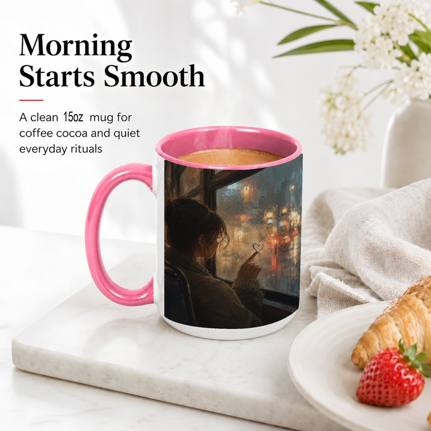 #pl[15oz|Pink] Rainy Window Heart Ceramic Mug, Rainy Night City Art
