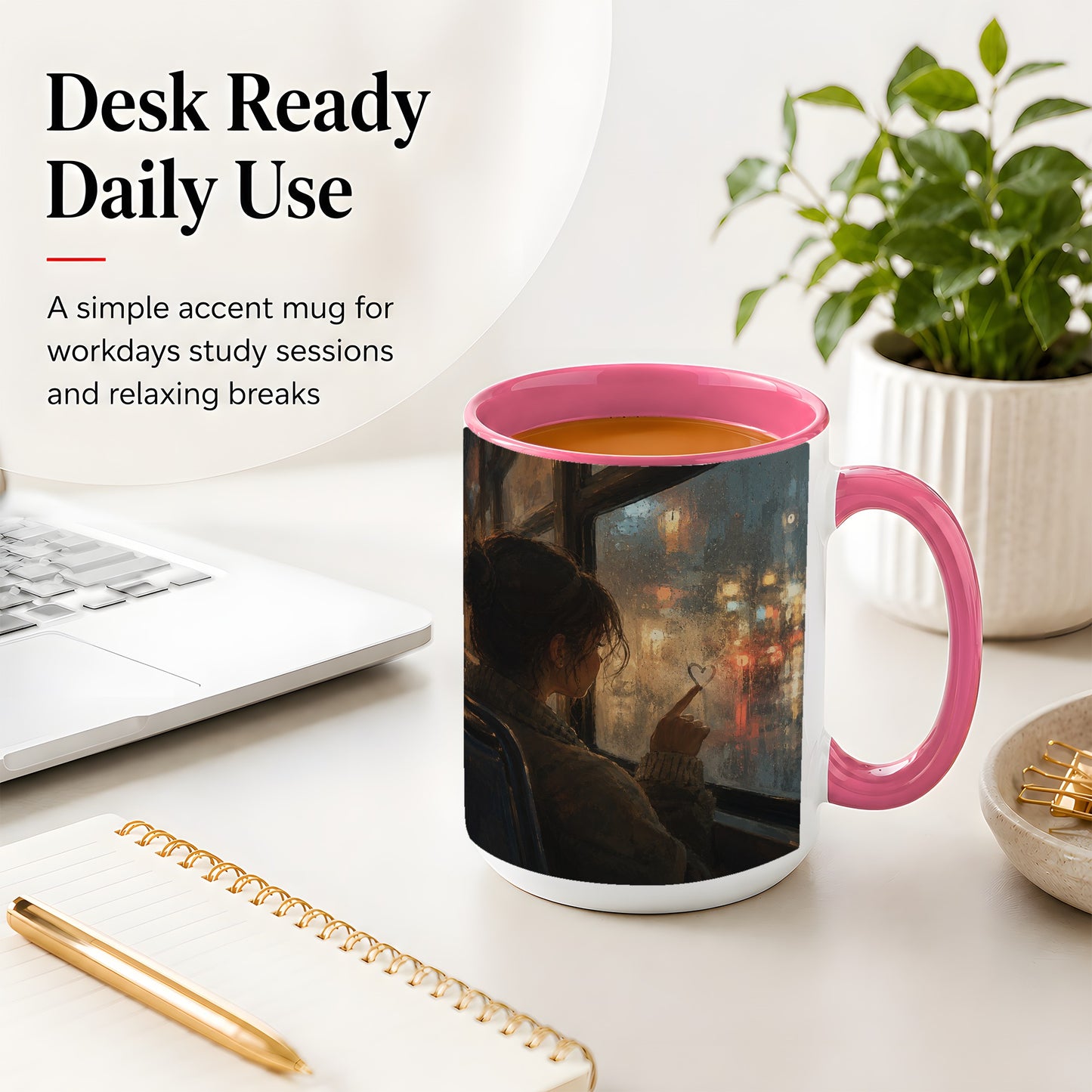 #pl[15oz|Pink] Rainy Window Heart Ceramic Mug, Rainy Night City Art