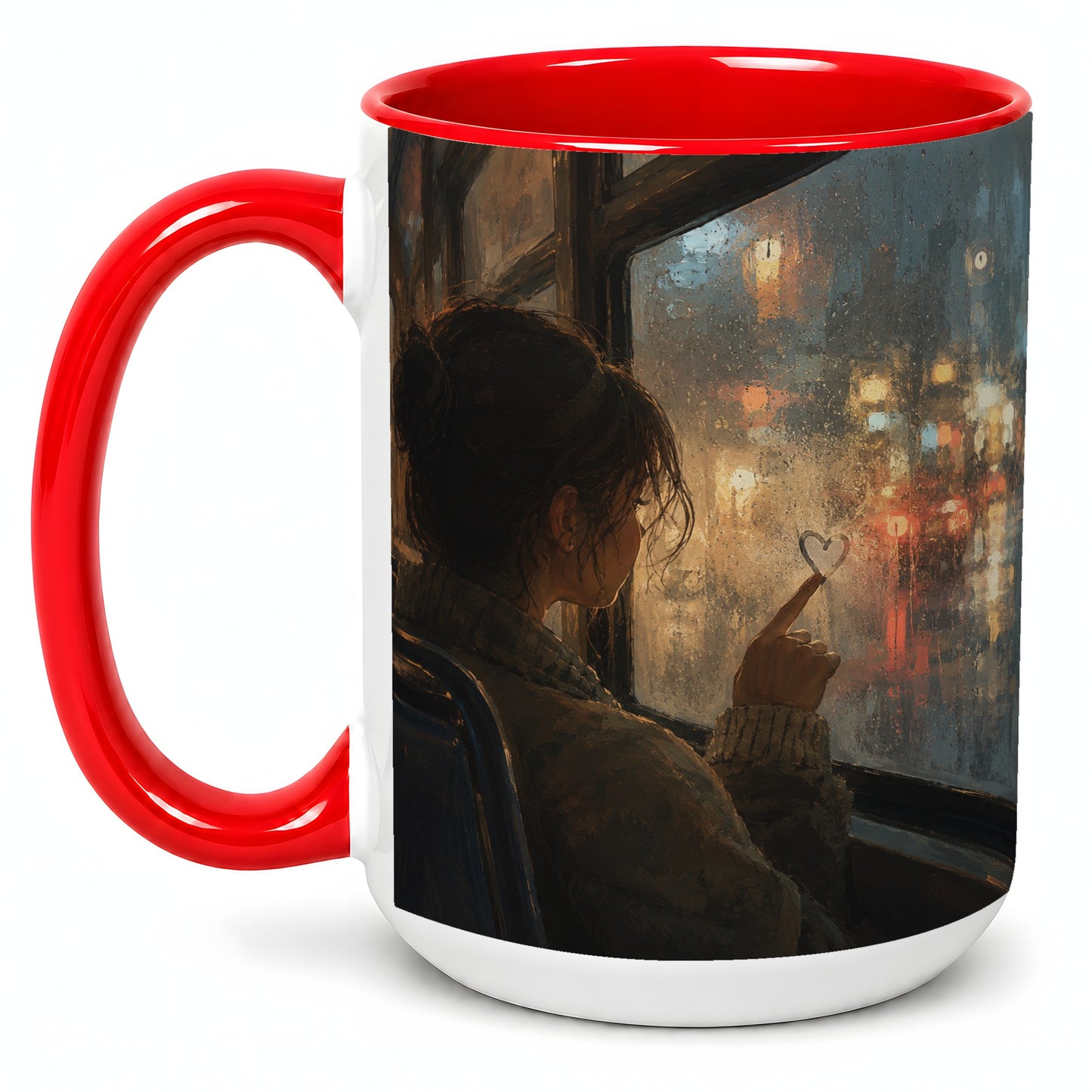 #pl[15oz|Red] Rainy Window Heart Ceramic Mug, Rainy Night City Art