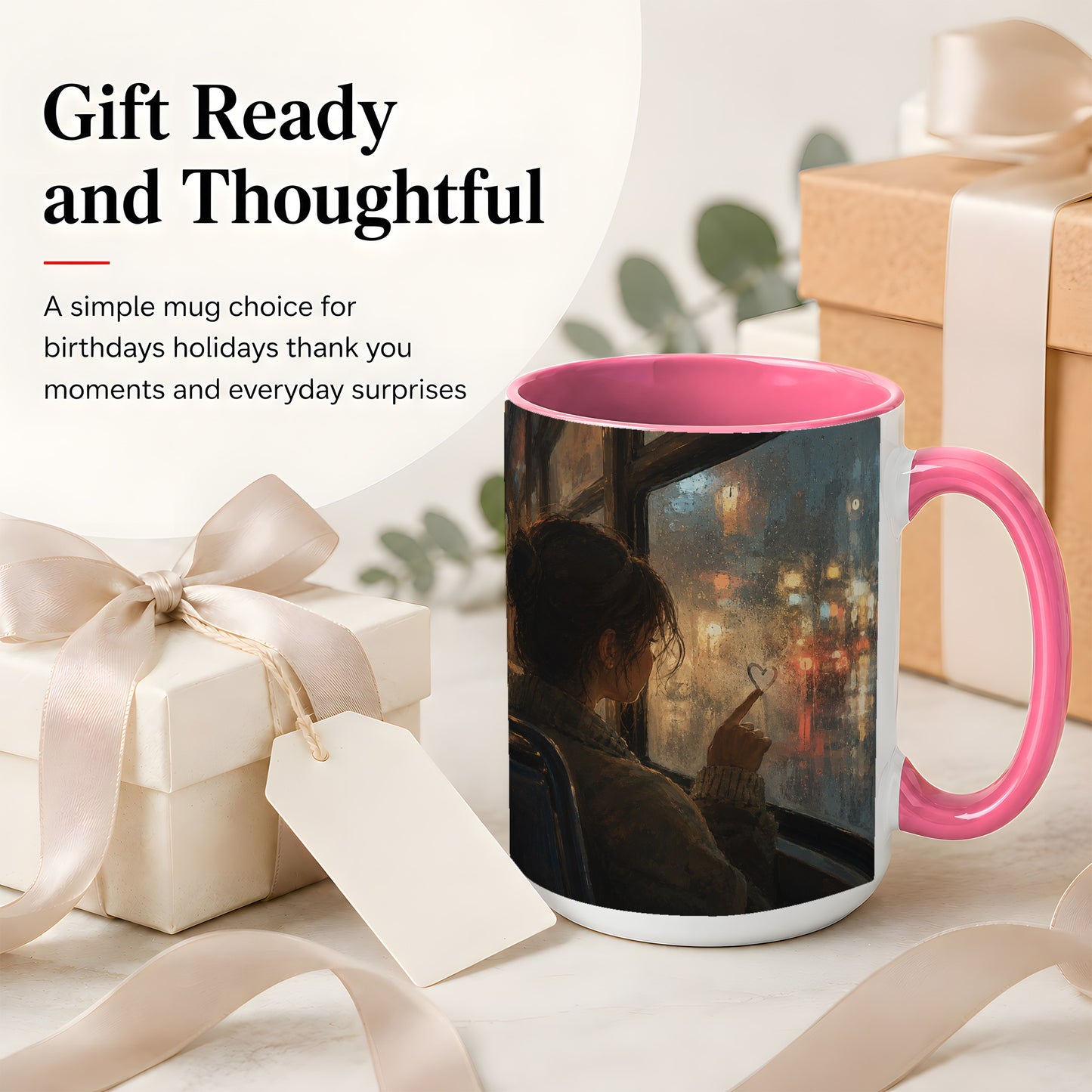 #pl[15oz|Pink] Rainy Window Heart Ceramic Mug, Rainy Night City Art
